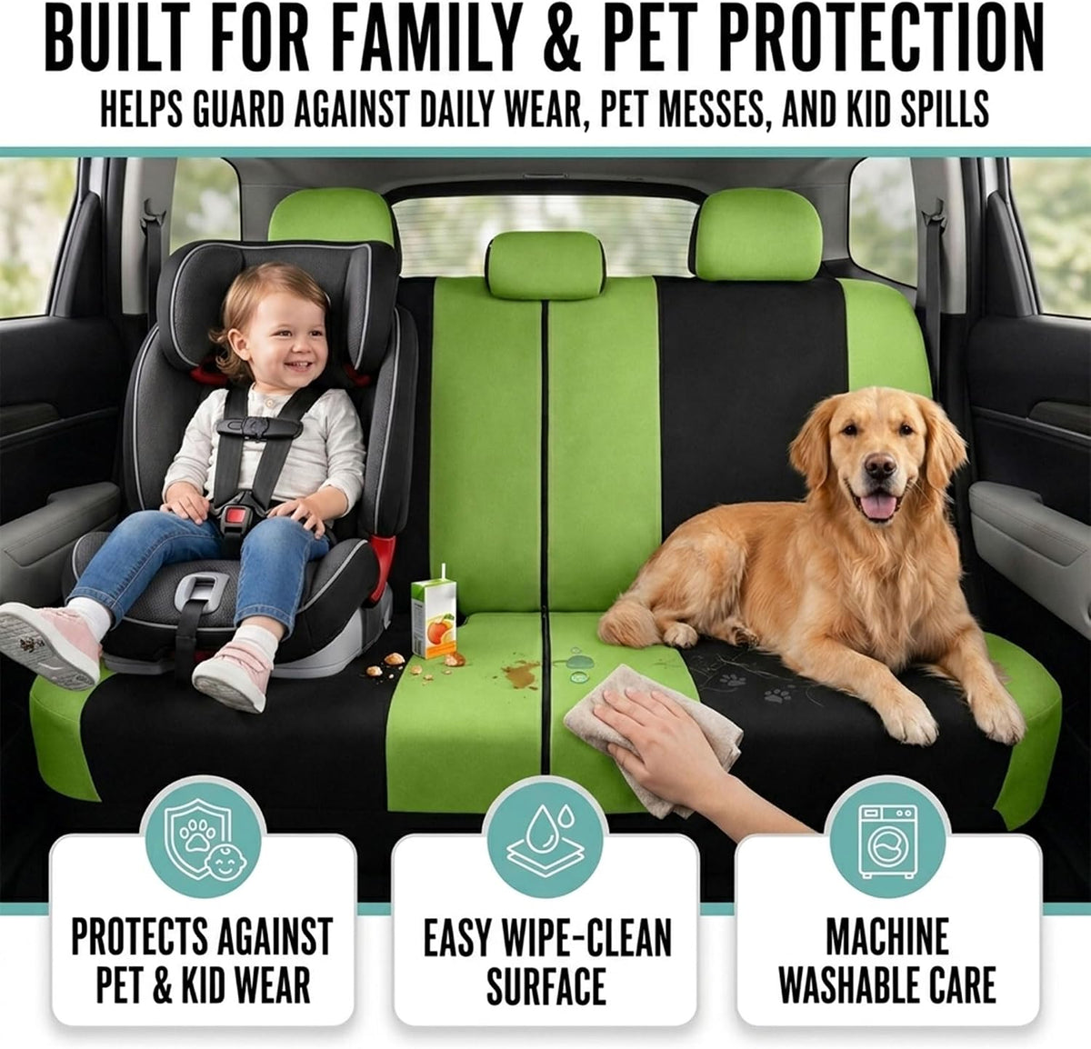 Automotive Seat Covers Green Universal Fit Combo Set with Steering Wheel Cover and Seat Belt Pad fits most Cars, SUVs, and Trucks (Airbag Compatible and Split Bench) FH Group FB030GREEN-COMBO