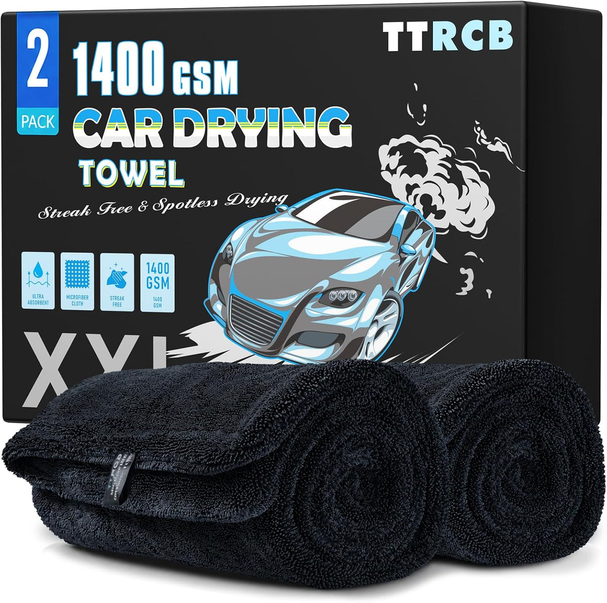 TTRCB 2 Pack Car Drying Towels, 48" x 24" Extra Large Microfiber Towels for Cars, Ultra-Absorbent 70/30 Blend, 1400 GSM, Streak Free, Twisted-Loop Drying Towels Car Detailing for SUV, RV, Truck