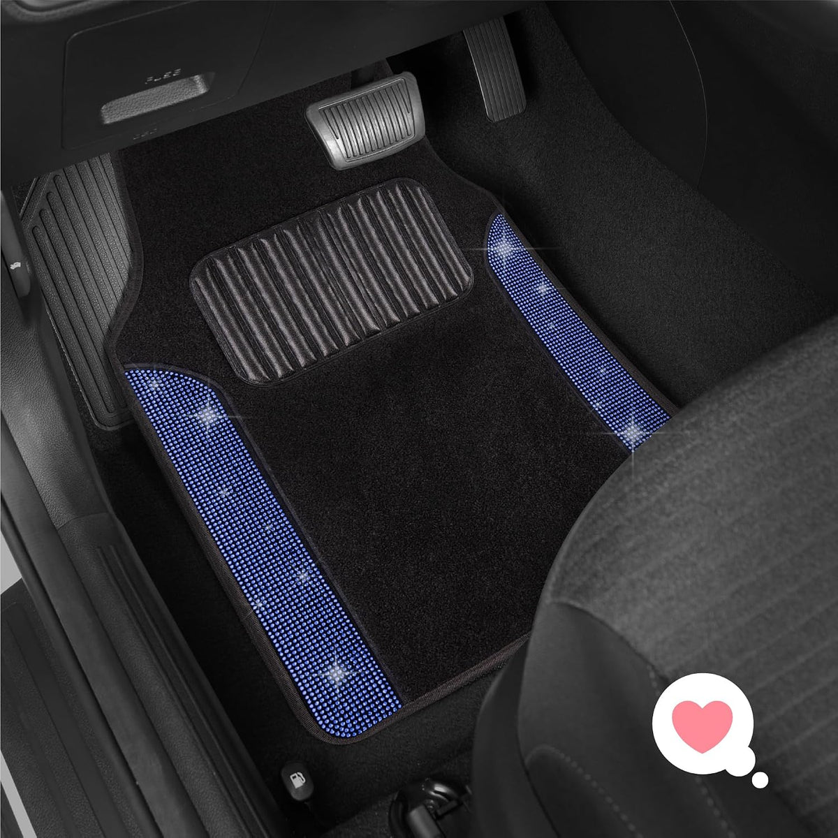 Carbella Diamond Bling Car Mats 4-Piece Set, Shiny Rhinestone Crystal Carpet Car Floor Mats, Two-Tone Floor Mats for Cars, Cute Automotive Interior Car Accessories for Women (Blue)