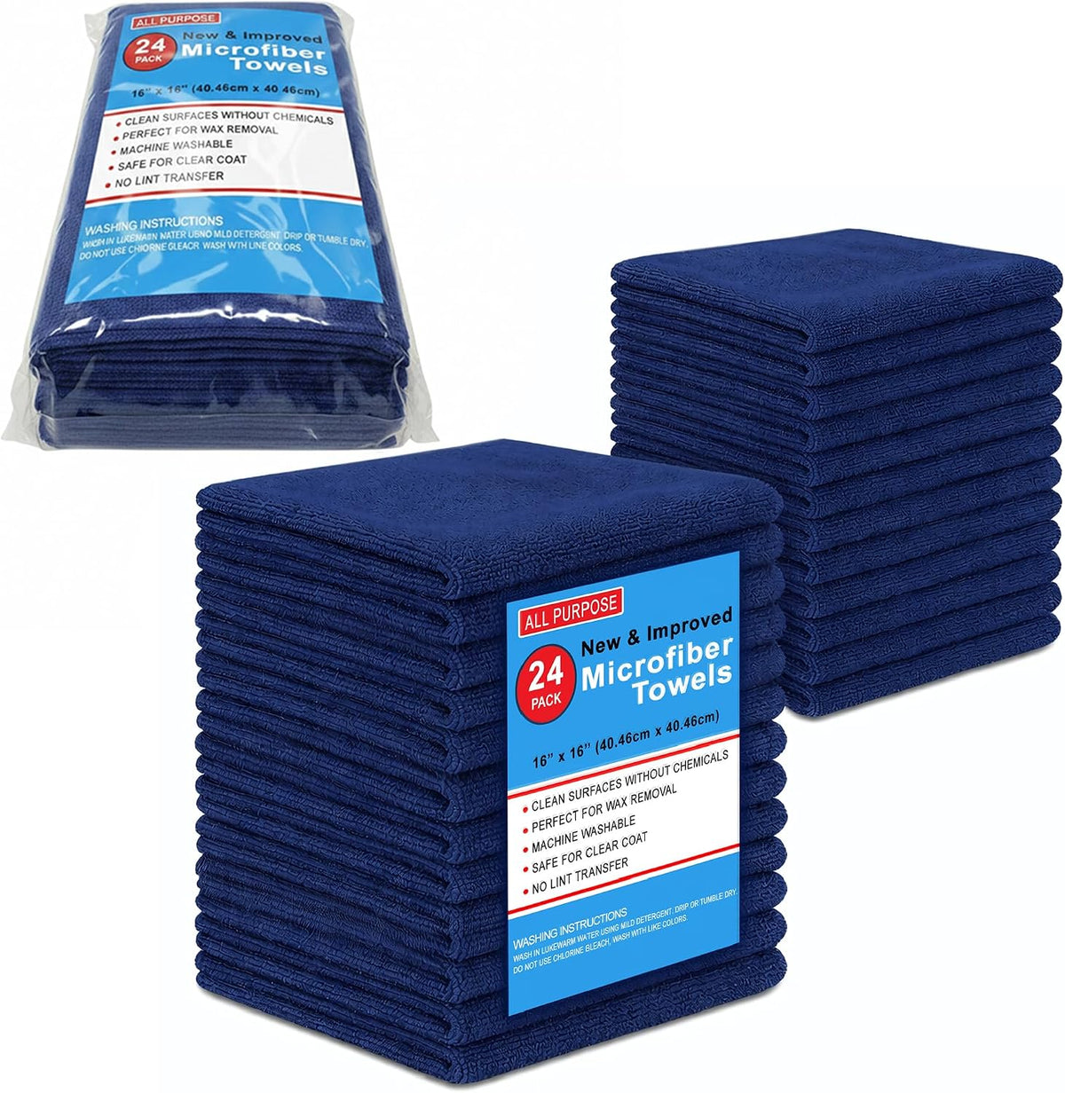 Microfiber Cleaning Towels, 24 Pack, Double Sided Ultra Soft Plush Washcloth, All Purpose Premium Microfiber Detailing Cleaning Cloths Shop Towels(16" x 16", Navy Blue)