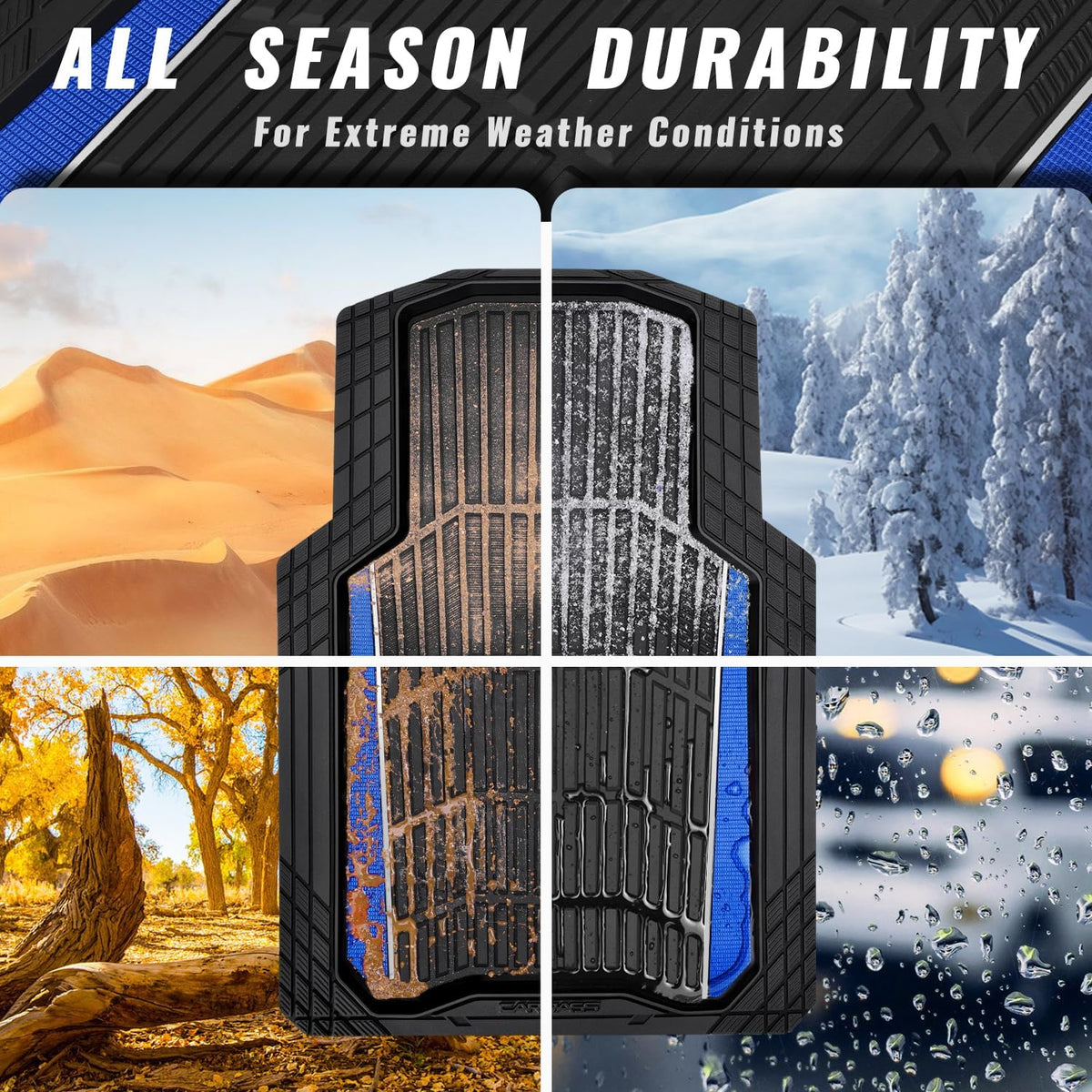 CAR PASS Heavy Duty Rubber Car Floor Mats, Deep Waterproof Car Floor Mats All Weather, Aluminum Film Floor Mats for Cars Non-Slip Universal Trim to Fit for SUVs Trucks Sedans Vans, Black Blue Metallic