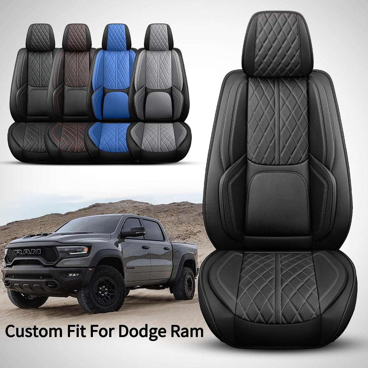 Car Seat Cover Custom Fit for Dodge Ram 1500 2500 3500 2002-2026 Faux Leather Seat Cover Set Compatible with Crew Quad Regular Cab Pickup Truck Cushions (Black, Front Seat)
