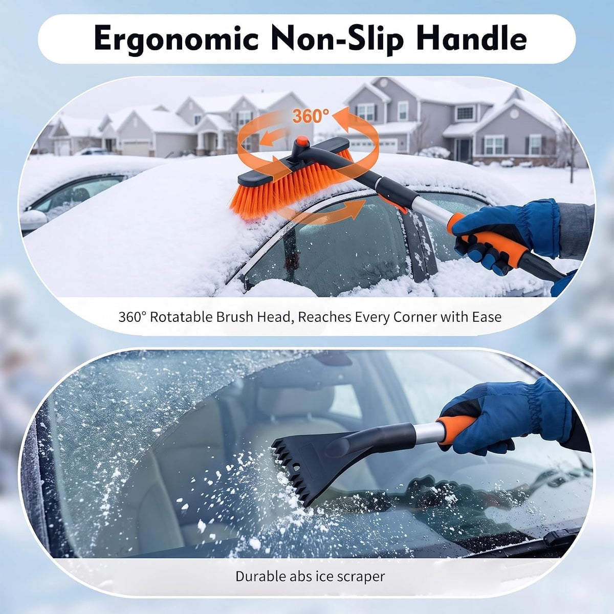 35" Extendable Snow Brush and Ice Scraper for Car Windshield,Detachable Snow Removal Tool with Ergonomic Foam Grip for Cars, Trucks, SUVs (Heavy Duty ABS, PVC Brush, Orange)