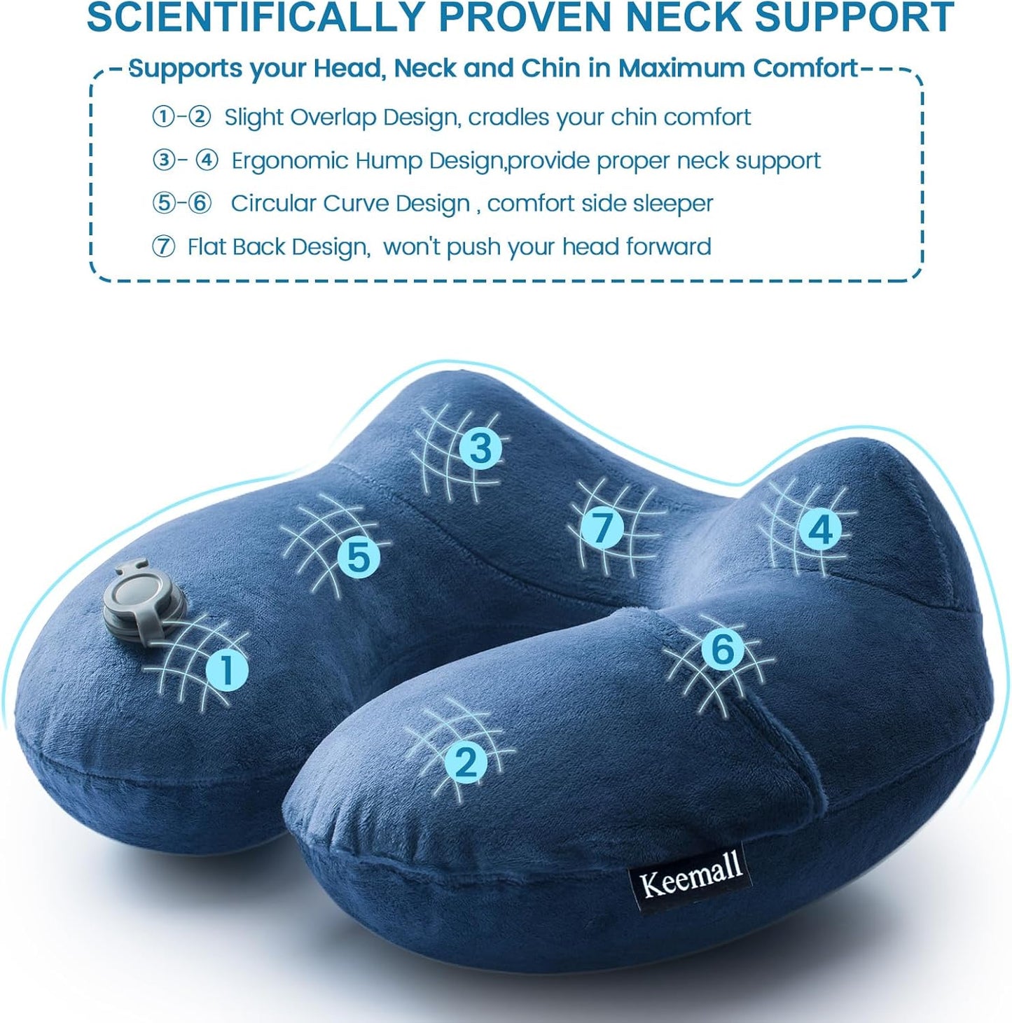 Keemall Inflatable Neck Pillow Airplane, Comfortable Inflatable Travel Neck Pillows for Airplanes Traveling on Plane, Soft Plush Cover Head Neck Rest Sleeping Long Flight for Car Train Office Home