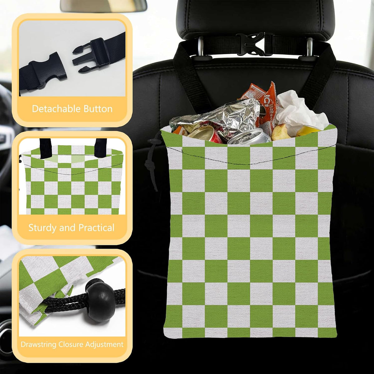 Car Trash Bag Waterproof Hanging Car Garbage Bag Green Checkered Plaid