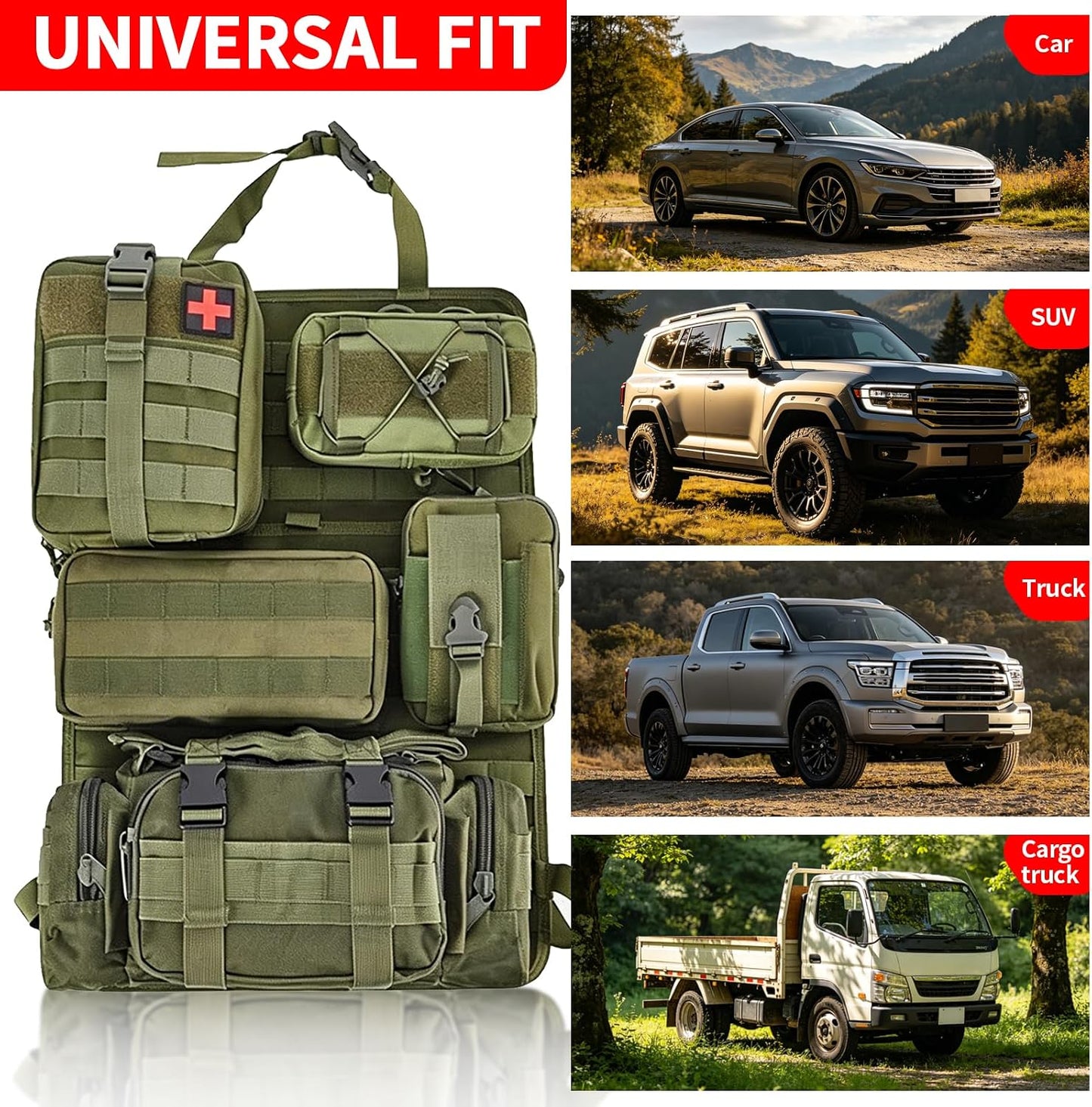 Tactical Car Seat Back Organizer with 5 Detachable Molle Pouches, 600D PU Waterproof Vehicle Seat Back Storage Bag, Universal Fit for Car, SUV, Truck, Pickup, Truck (Green)