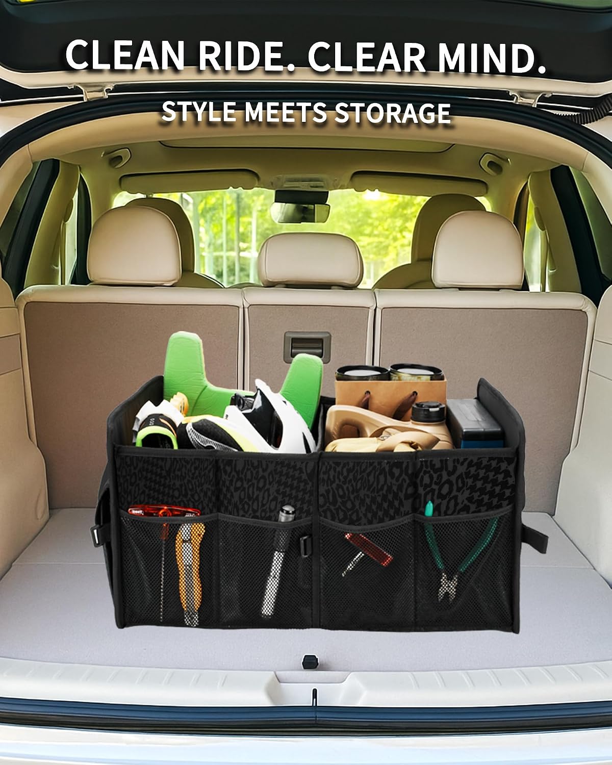 SIBOFUEGO Sturdy Car Trunk Organizer – Large Capacity Trunk Organizer for SUVs & Sedans, Hard-Shell One-Piece Design with Cute Print, Collapsible and Durable Car Organizers (Black Leopard 70L)