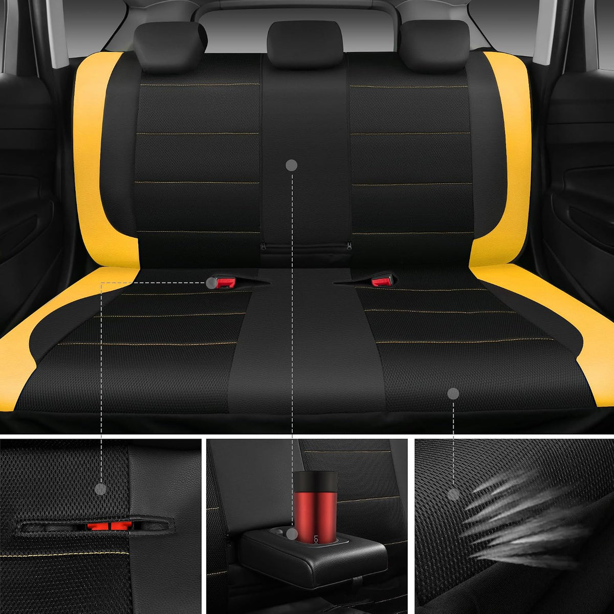 CAR PASS Leather Seat Covers, Breathable Universal Car Seat Cover Full Set for Cute Women Girly,5mm Composite Sponge Inside,Airbag Compatible Fits Most Auto,SUVs,Trucks,Vans(Full Set,Black&Yellow)