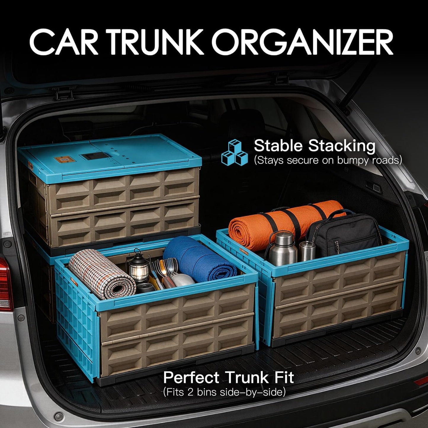 Heavy Duty Collapsible Storage Bins, Attached Lids, 12 Gal, 2 Pack | 400 LBS Stacking Strength, Secure Slide Lock, Durable PP Plastic, For Garage / RV / Car Trunk / Moving