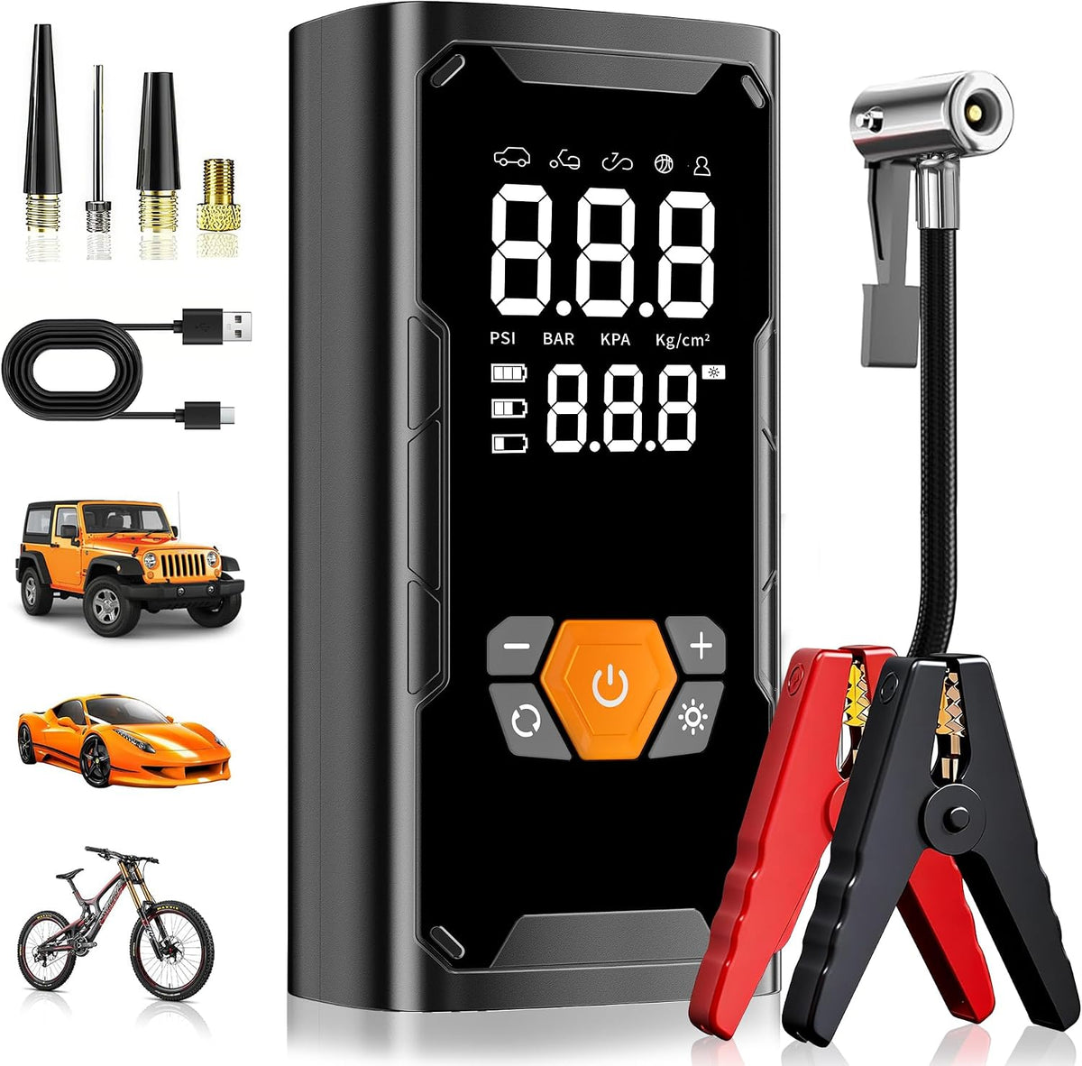 6000A Car Battery Jump Starter with Air Compressor 150PSI, Car Jumper Starter Portable (9L Gas/7L Diesel), Car Jumper with Auto-Shutoff Tire Inflator, Jumper Cables and Light