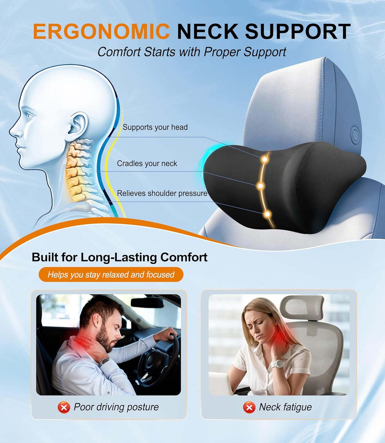 Allaboutsla 2-Pack Car Neck Pillow, Car Headrest Pillow for Neck Support | Memory Foam Car Neck Pillow for Driving with Neck Support, Adjustable Strap, Head Rest Pillow for Long Drives, Trucks, Black