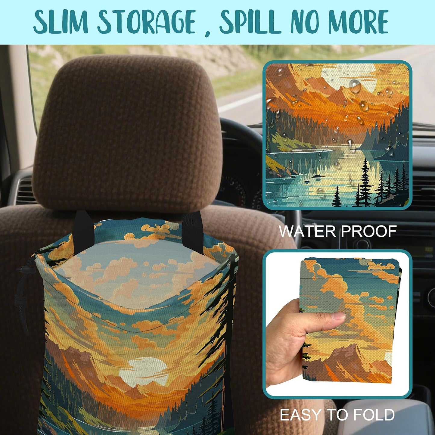 Car Garbage Bag Mountain Lake and Sunrise Drawstring Car Trash Bag Hanging for Back Seat with Adjustable Buckle Canvas Vehicle Trash Can Easy-to-Install
