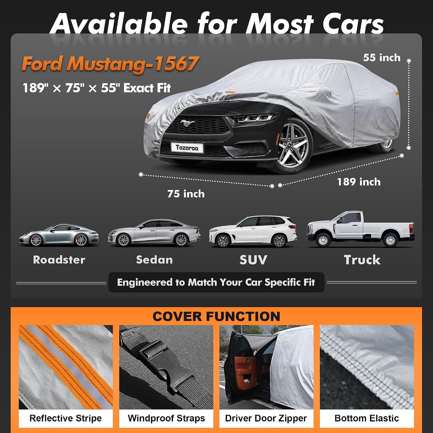 Car Cover Waterproof All-Weather,Heavy-Duty Outdoor Full Exterior Automobiles Sedan/Coupe (Length 186-193 inch) with Windshield Sun Shade Universal Fit Ford Mustang,Chevy Camaro/Corvette etc