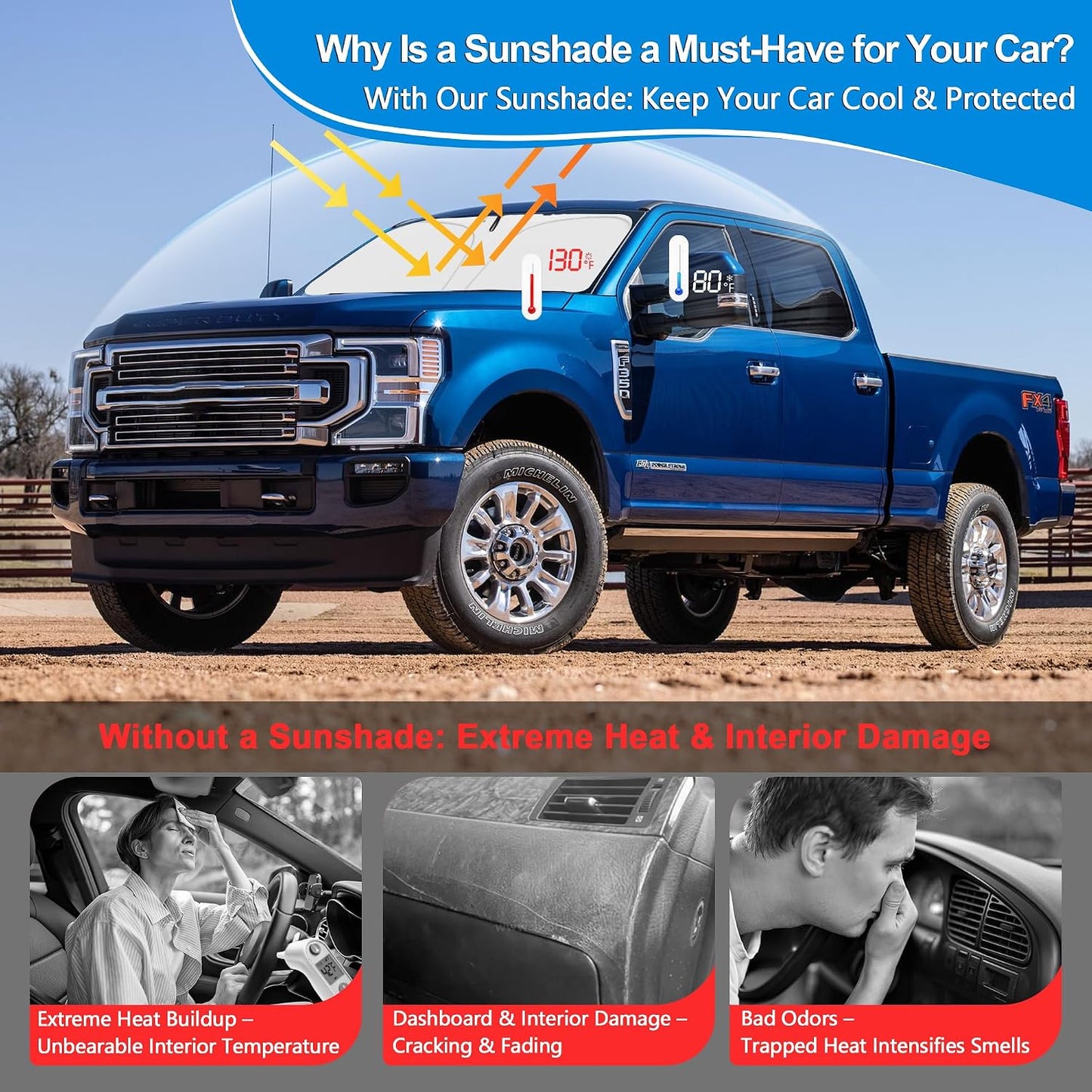 Side Window Sun Shade for 2017-2022 Fo-rd F250 F350 Super Duty, Super Crew Cab 4Door Pickup, Foldable Window Sunshade Sun Visor Protector, Side Window Shades Blocks UV Rays Heat, Pack of 4