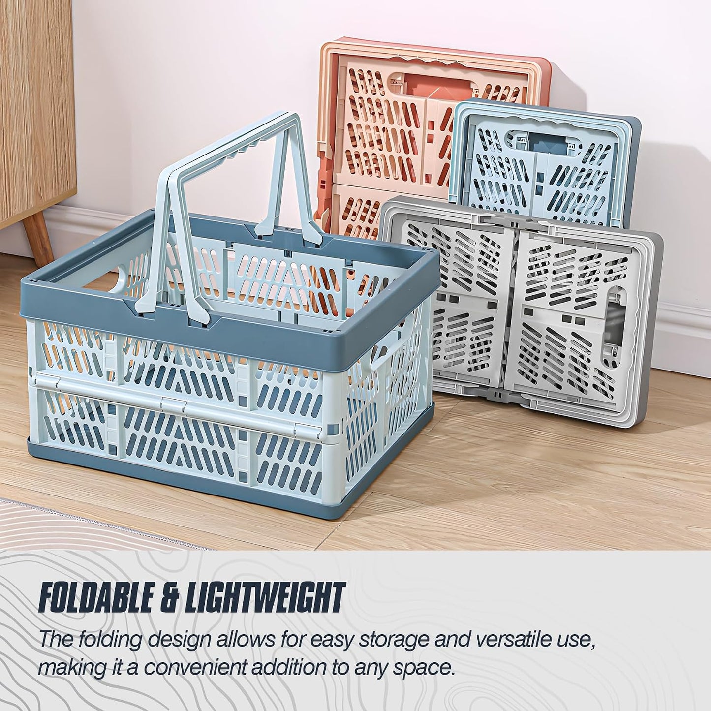 Domiella 2-Pack Foldable Storage Baskets, Collapsible PP Crates with Handles - 20L Capacity, Strong and Portable for Home Organization, Picnic and Shopping, Blue + Pink