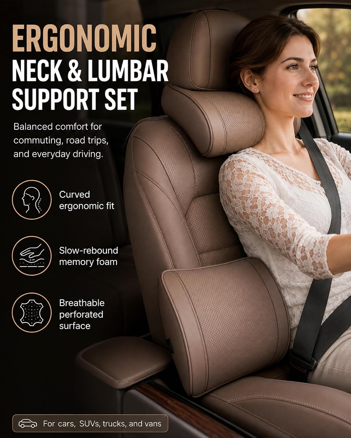 Ergonomic Headrest and Lumbar Support Set for Car Seats, Breathable Perforated Leather Car Pillows, Luxurious Memory Foam Neck Pillow for All Cars, Eases Neck Fatigue for Long Driving(Amber)