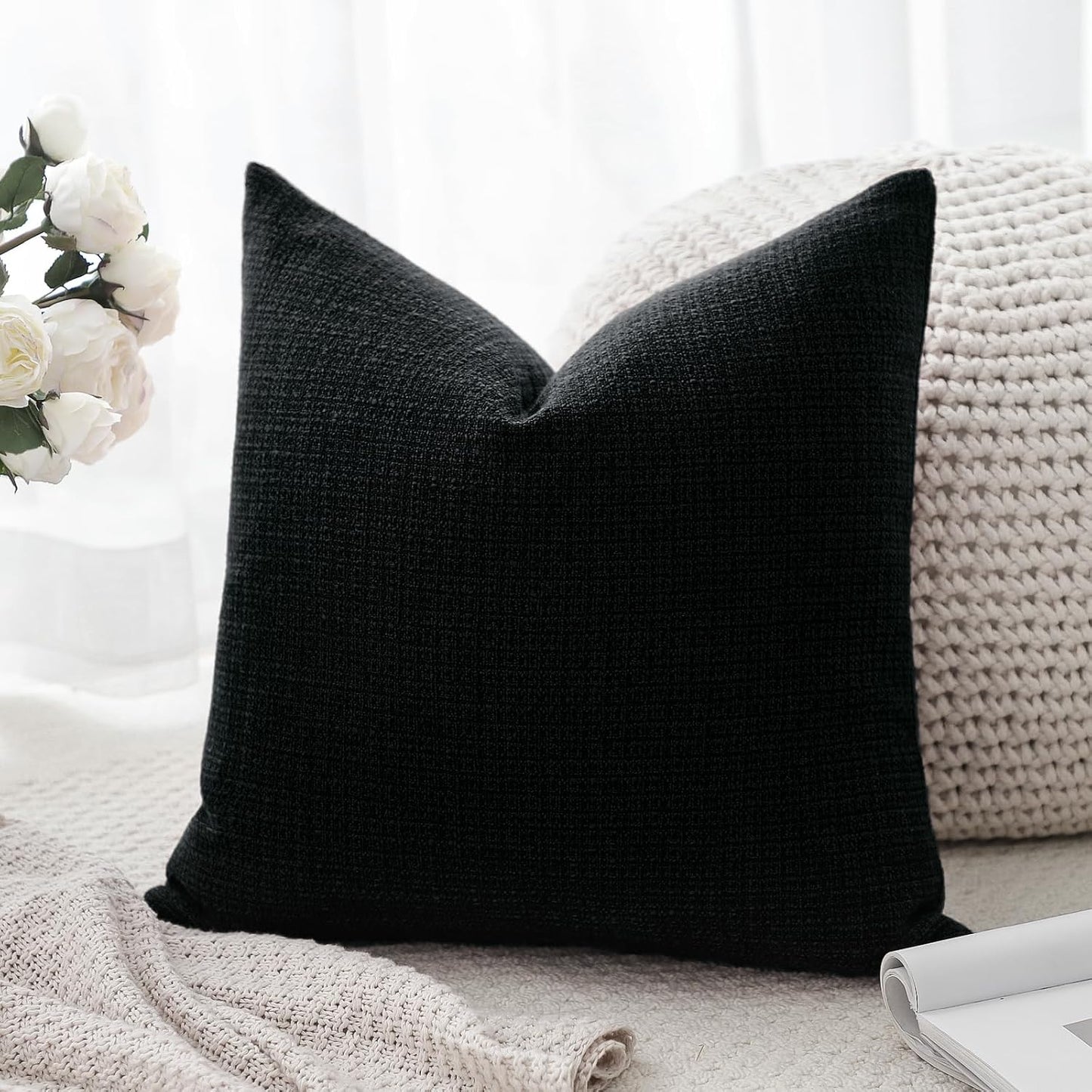 OTOSTAR Linen Throw Pillow Cover Set of 1 Decorative Square Pillowcases Cushion Covers 24x24 Inch for Home Decor Sofa Bedroom Car 60 x 60CM Black