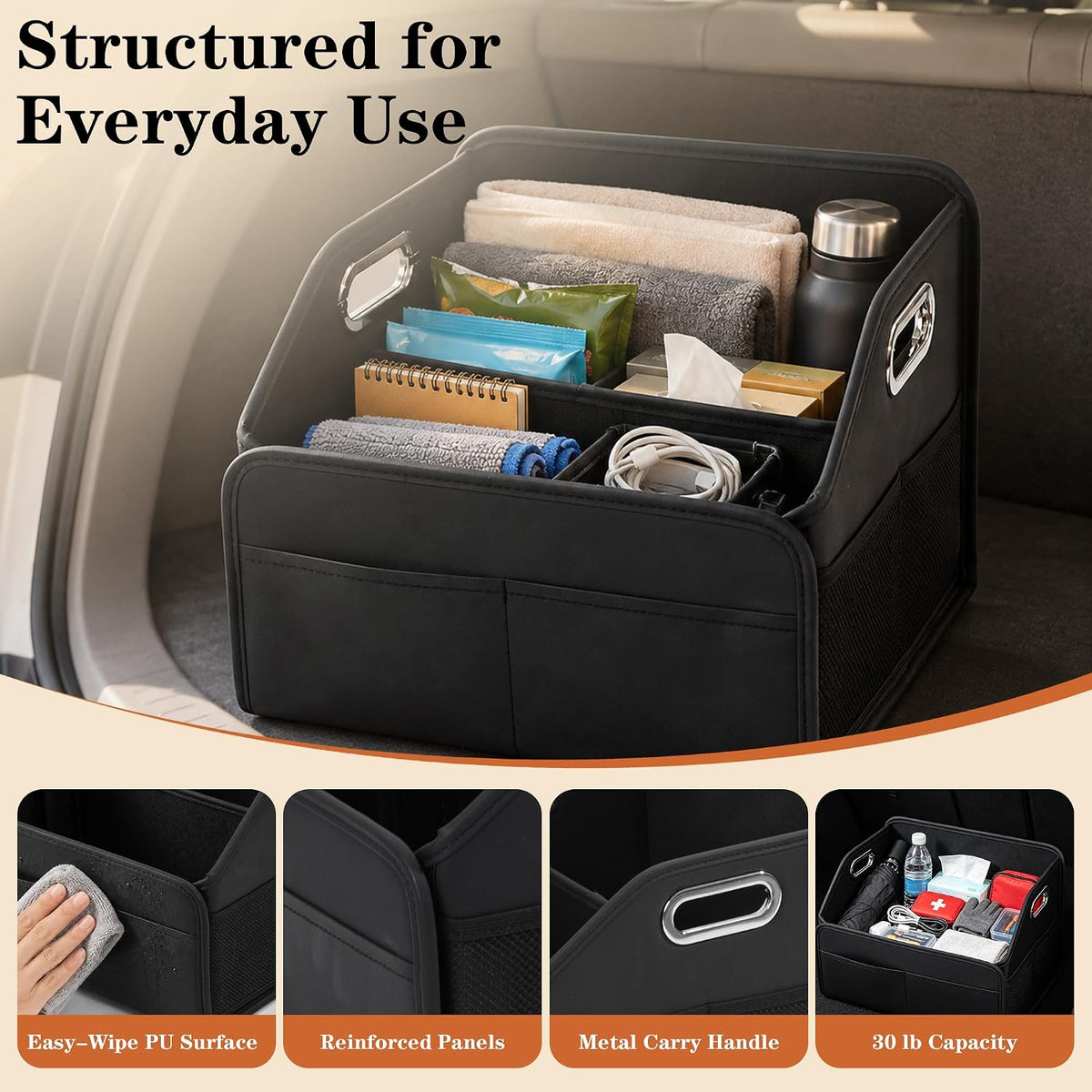 Car Front Seat Storage Organizer, Back Seat/Floor/Trunk, Divider & Handles
