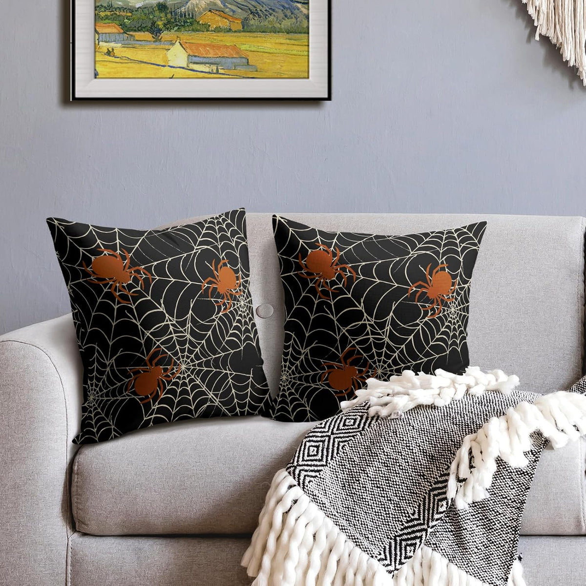 Halloween SpiderWeb Pillow Covers 18x18 Set of 2 Black White Spider Web Orange Spider Outdoor Decorative Throw Pillows Scary Farmhouse Pillowcases Linen Cushion Case Decor for Home Sofa Couch Bed