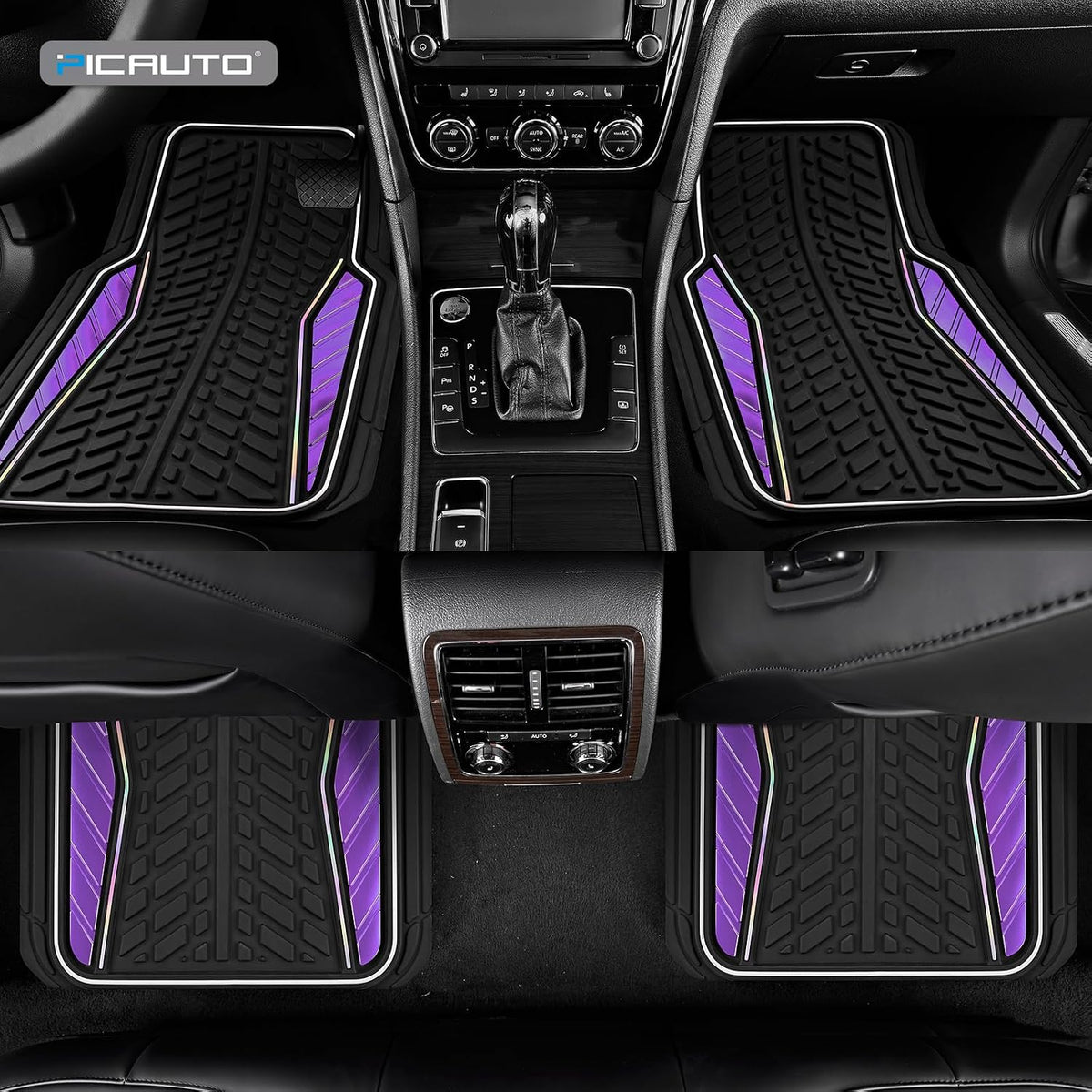 PIC AUTO Car Floor Mats, Purple Aluminum-Molded with Full-Circle Iridescent Inlay Strip Car Mats, Universal-Fit Rubber Mats for Cars, Trucks & SUVs, All-Weather, Non-Slip, Easy-to-Clean Interior Mats