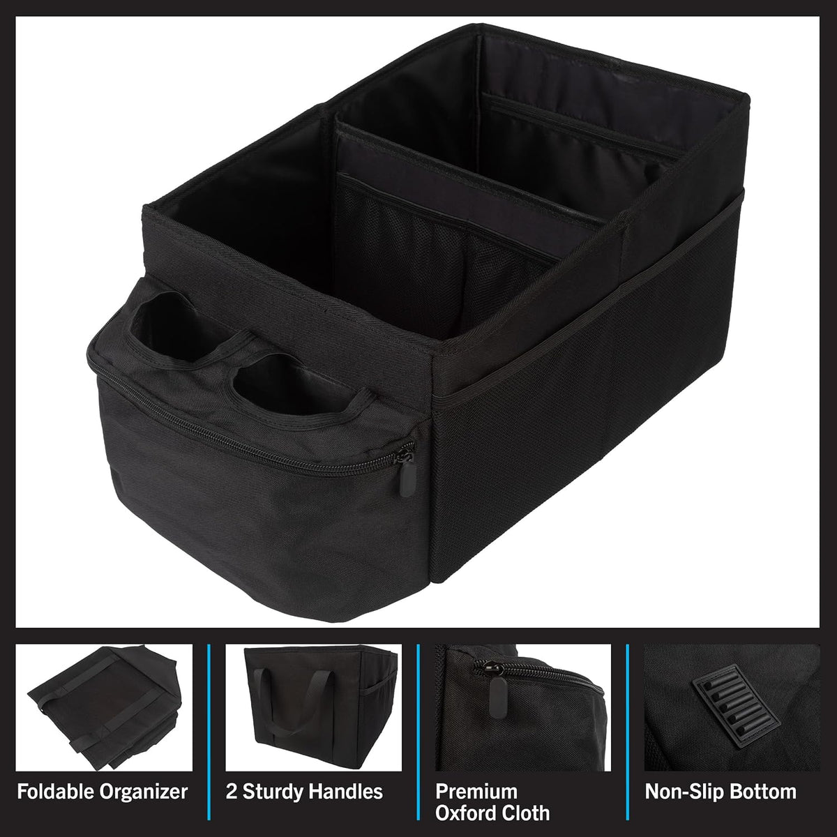 Backseat Car Organizer Back Seat or Front Car Seat Organizer - Collapsible Storage Box Caddy with 2 Cupholders and Partitions for Files, Books, Toys, Snacks, Drinks or Road Trip Essentials by Stalwart