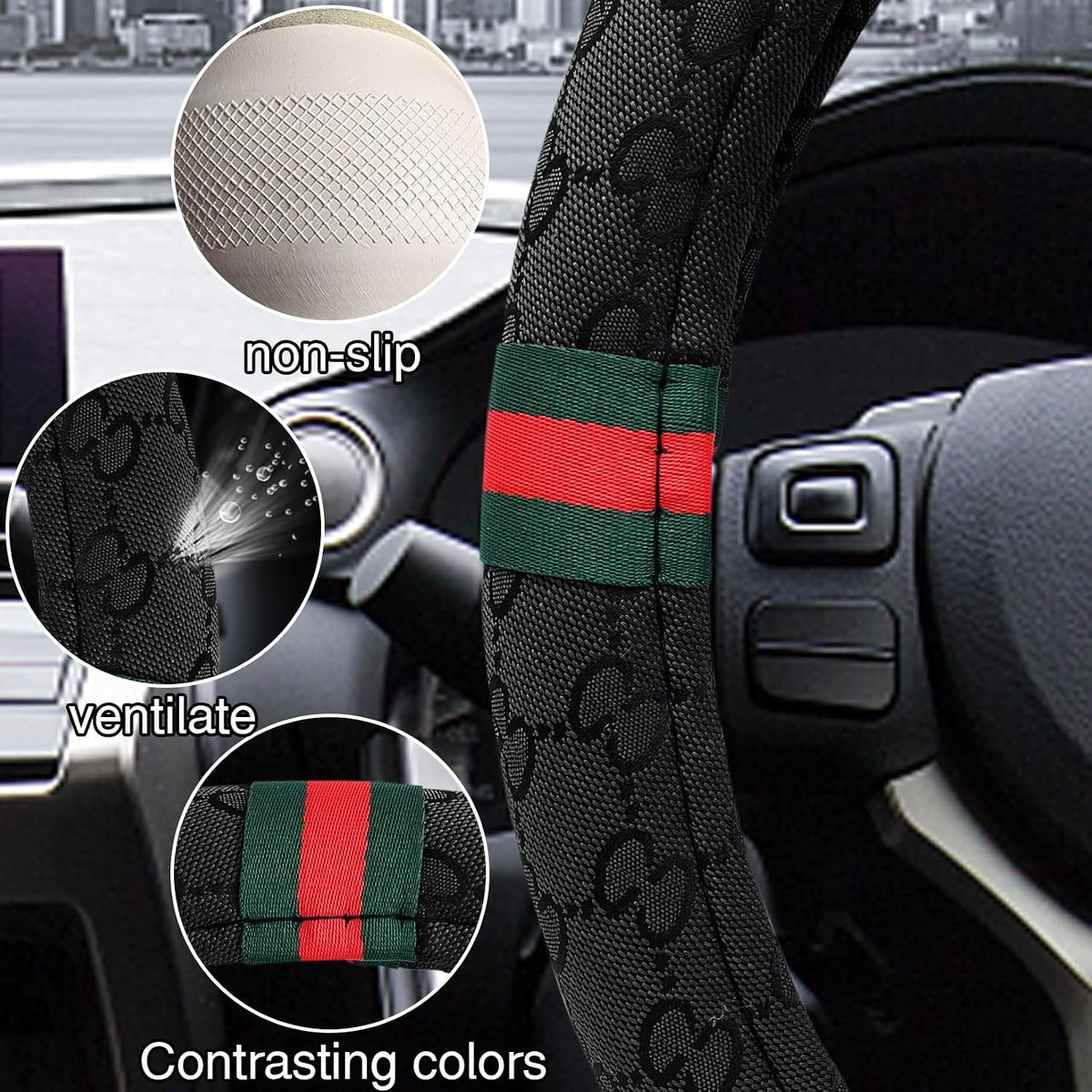 5PCS Steering Wheel Cover, with 2 Headrests, 2 Seat Belt Covers - Universal Fit for 14.5-15" Steering Wheel, Enhances Driving Experience - Perfect for Women (Black)