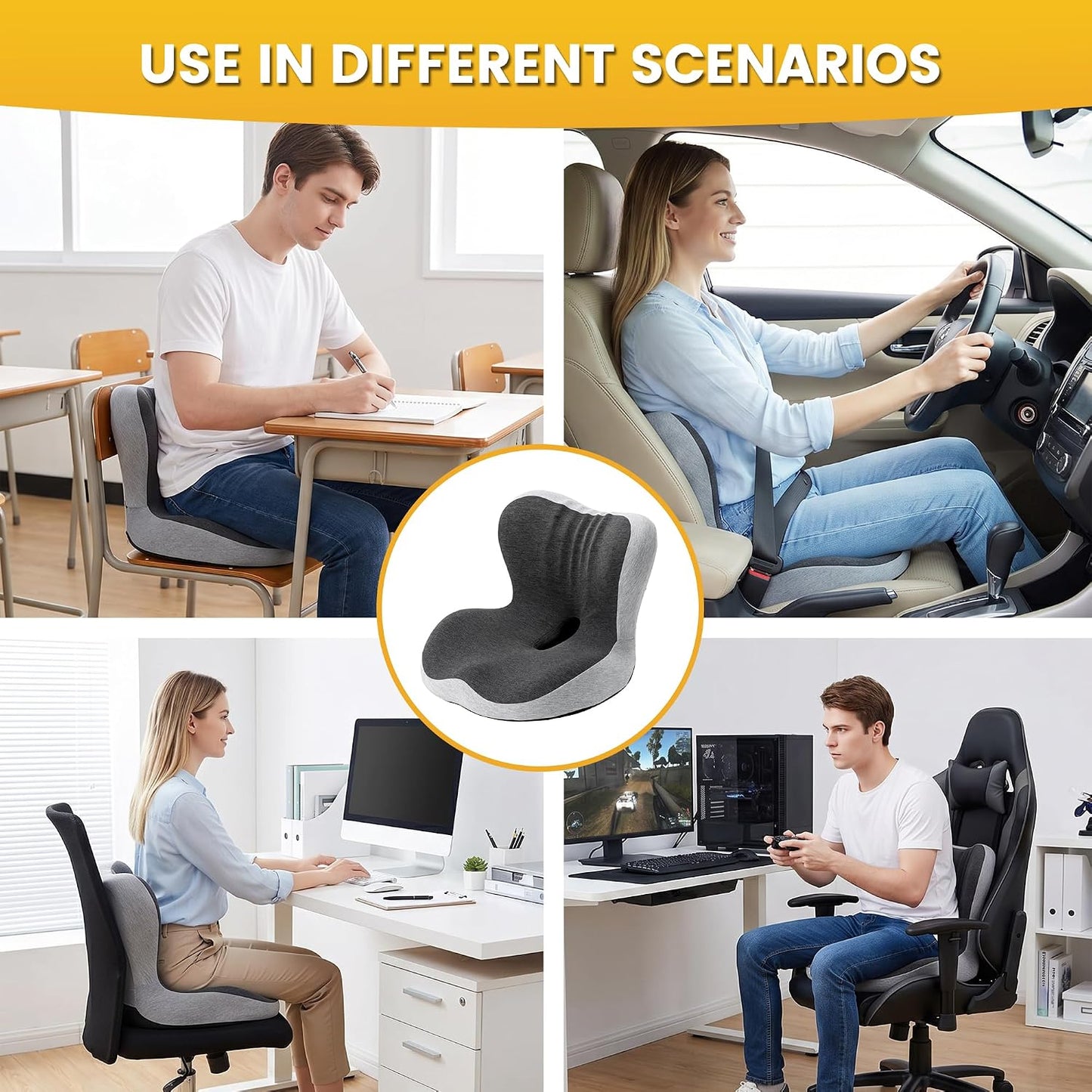 Urban Deco Memory Foam Seat Cushion for Office Chair, Sciatica Pain Relief Coccyx Cushion for Tailbone Pain, Orthopedic Gel Seat Cushion for Car, Non-Slip Bottom and Breathable Cover, Black & Grey