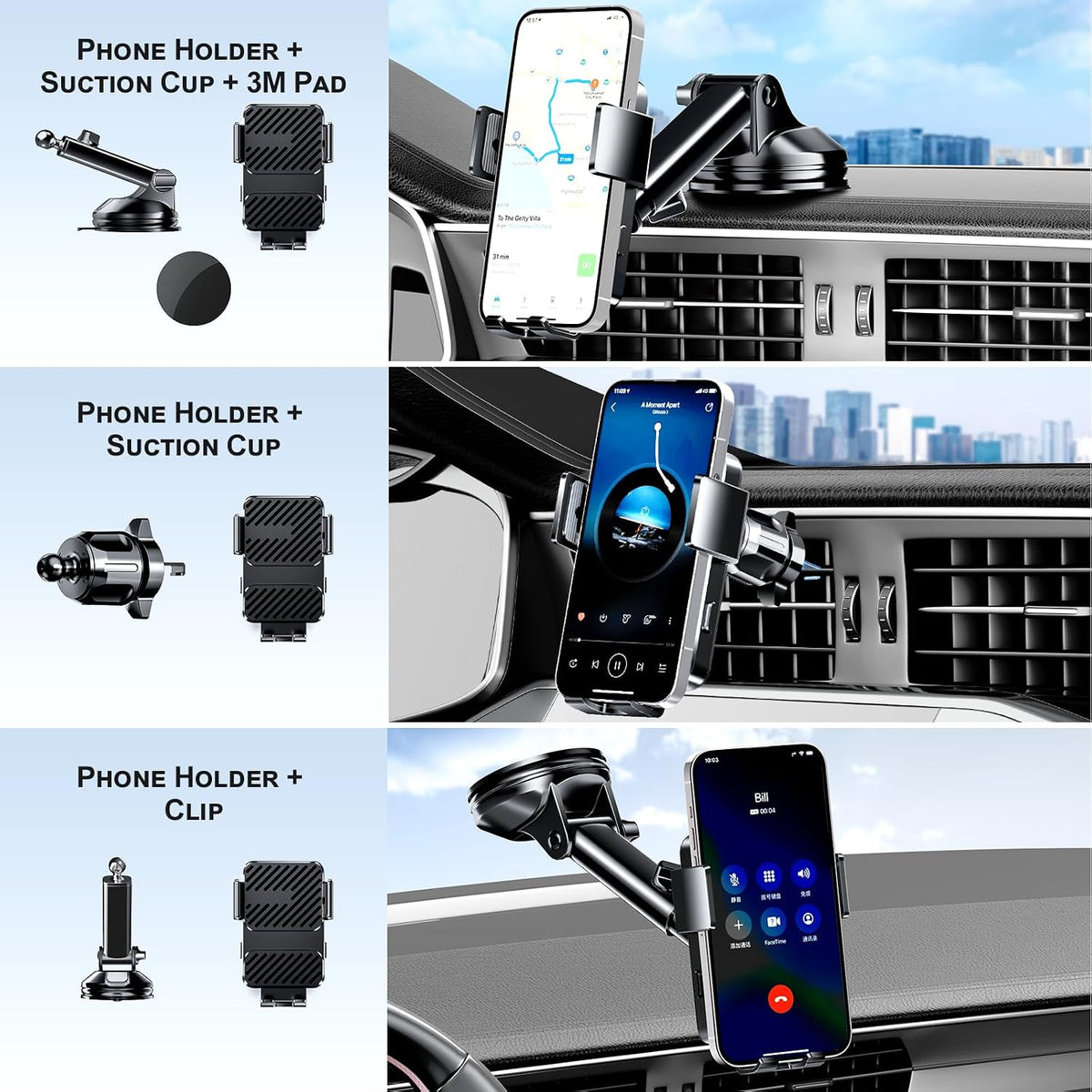 3 in 1 Wireless Car Charger, Phone Holders for Your Car 15W Fast Charging Auto Clamping, Car Phone Mount for iPhone 17 16 15 14 13 Mini Pro Max XR, Samsung Galaxy S25 Ultra S24 S23 S22 S21