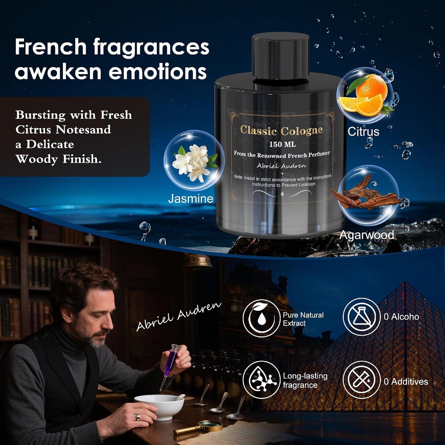 Car Air Freshener, Smart Car Air Freshener, Music-Synced RGB Ambient Lights with Auto On/Off, 150ml, Suitable for Cars, Homes, Offices, Bedrooms (Cologne)