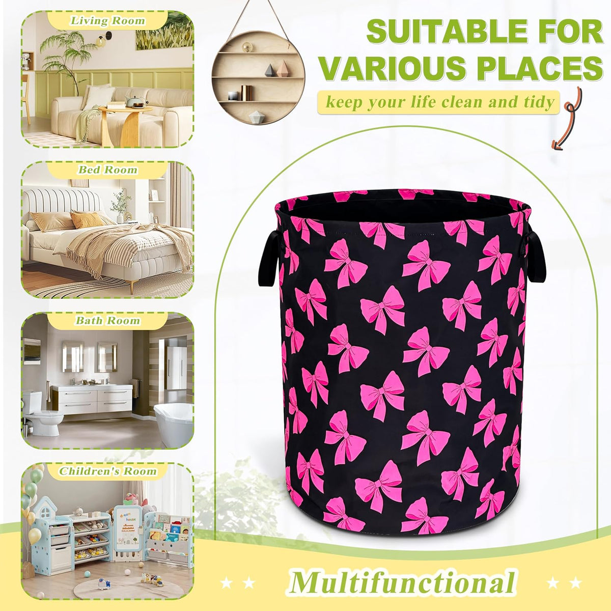 Pink Bow Laundry Basket Foldable Waterproof Bowknot Hamper 18.9 x 16.5 Inch