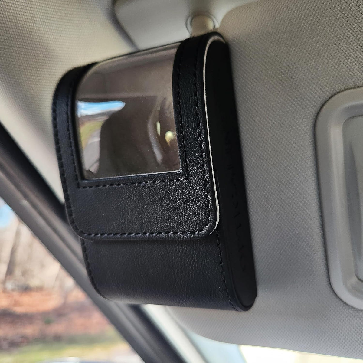 Visor Clip Caddy Vegan Leather Storage CASE for Eyeglass Wipes, Anti-Fog Wipes, Cleaning Wipes and Accessories with Easy Access Quick Release SELF Closing Magnetic Closure – Black