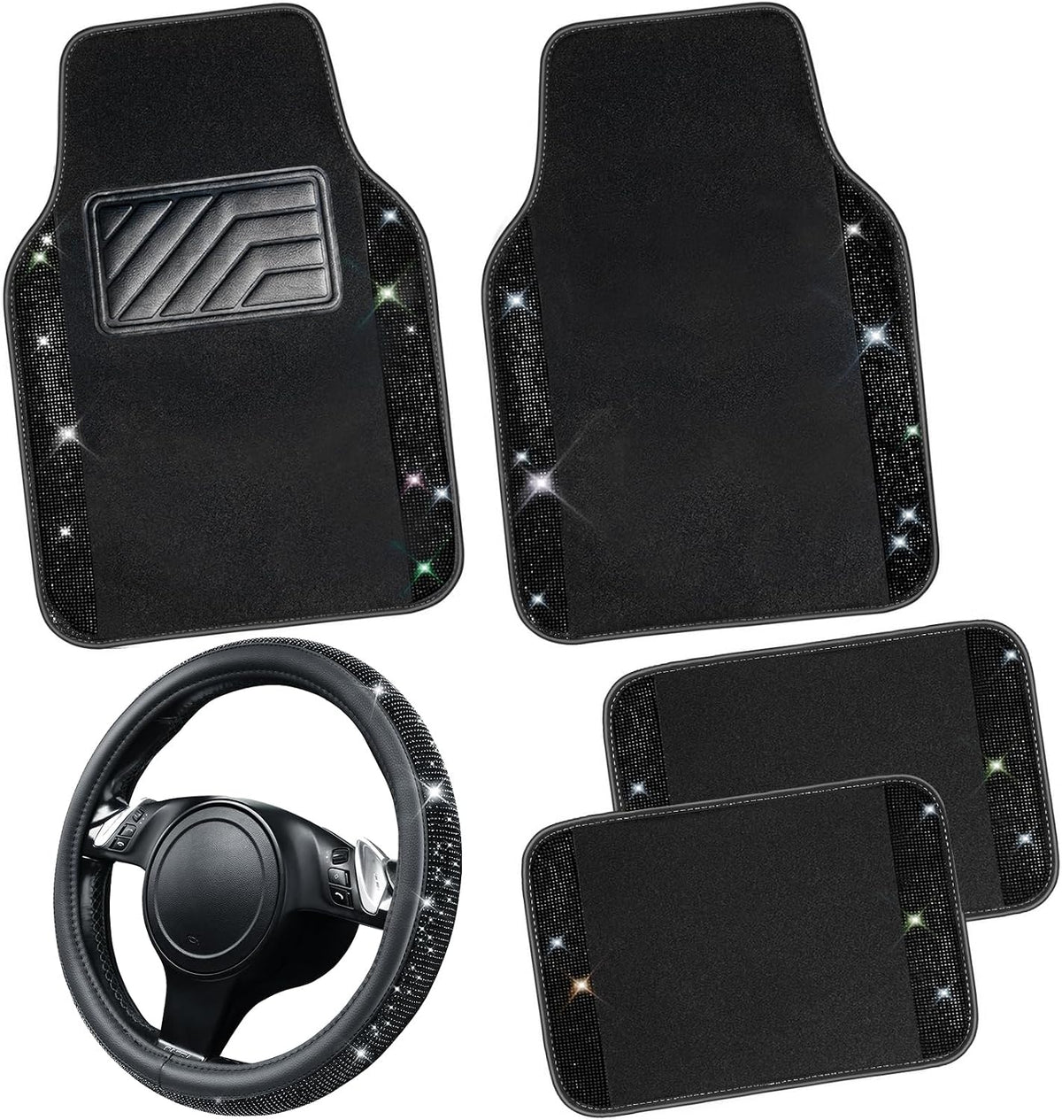 CAR PASS Bling Diamond Leather Steering Wheel Cover 14.5in-15in Floor Mats Shining Rhinestone Carpet Sparkly Glitter Crystal Anti-Slip Pad Fit Automotive SUV Pickup Truck Girl Women, 5pcs Black