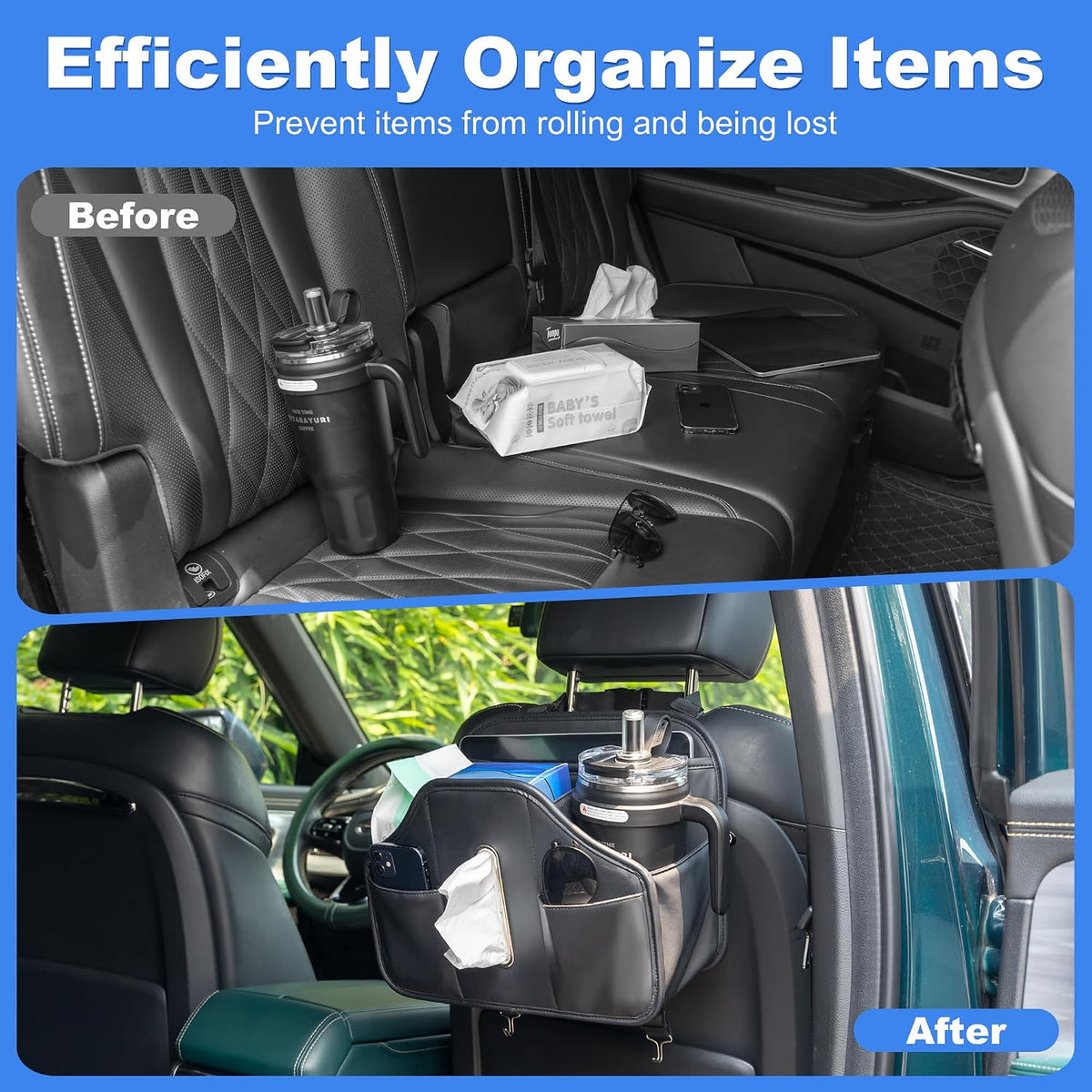 Upgraded Car Tissue Holder,Car Seat Back Organizer With Cup Holder,Premium PU Leather Headrest Seat Back Storage Fits For Kleenex Tissue Box (50-230ct)
