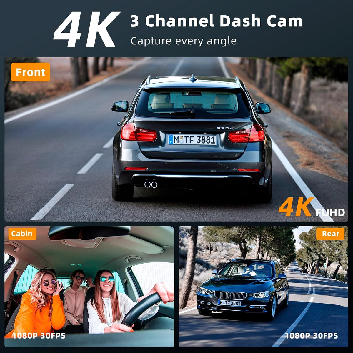 Real 4K 3 Channel Dash Cam, STARVIS2 Sensor HDR, 64GB Card, 5.8GHz WiFi GPS