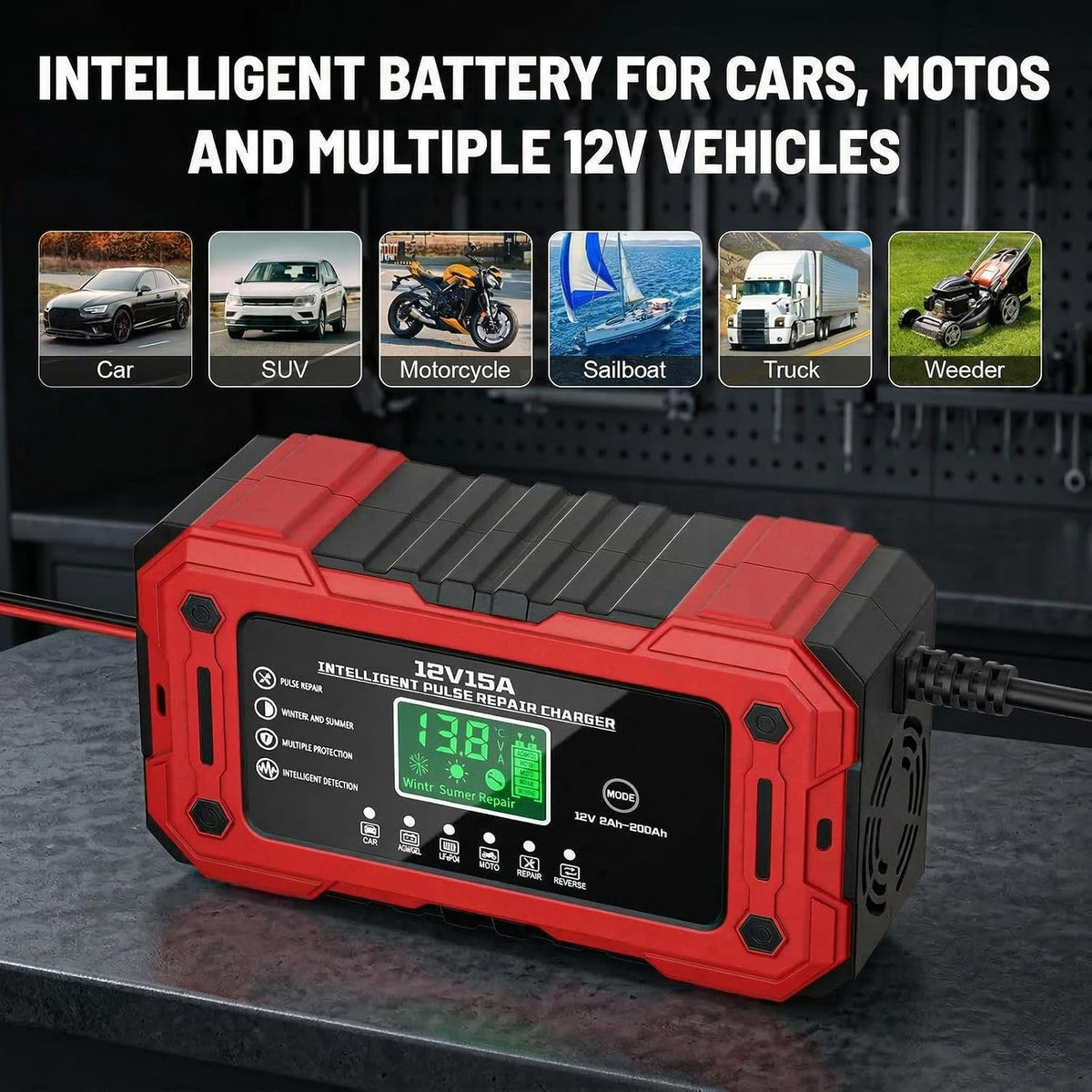 Car Battery Charger 12V 15A Smart Trickle Charger Fully Automatic