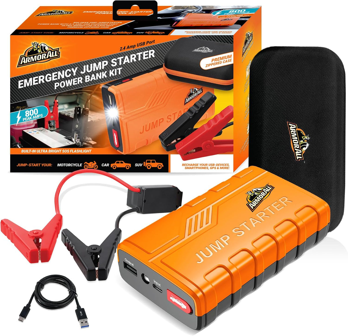 Armor All Car Jump Starter Emergency Power Bank Kit, 800 Amp Peak, 2.4 Amp Phone Charge USB Port, LED Light, Strobe, SOS, Overcharge & Discharge Protection, 7200mAh, For Cars Trucks Motorcycles & More