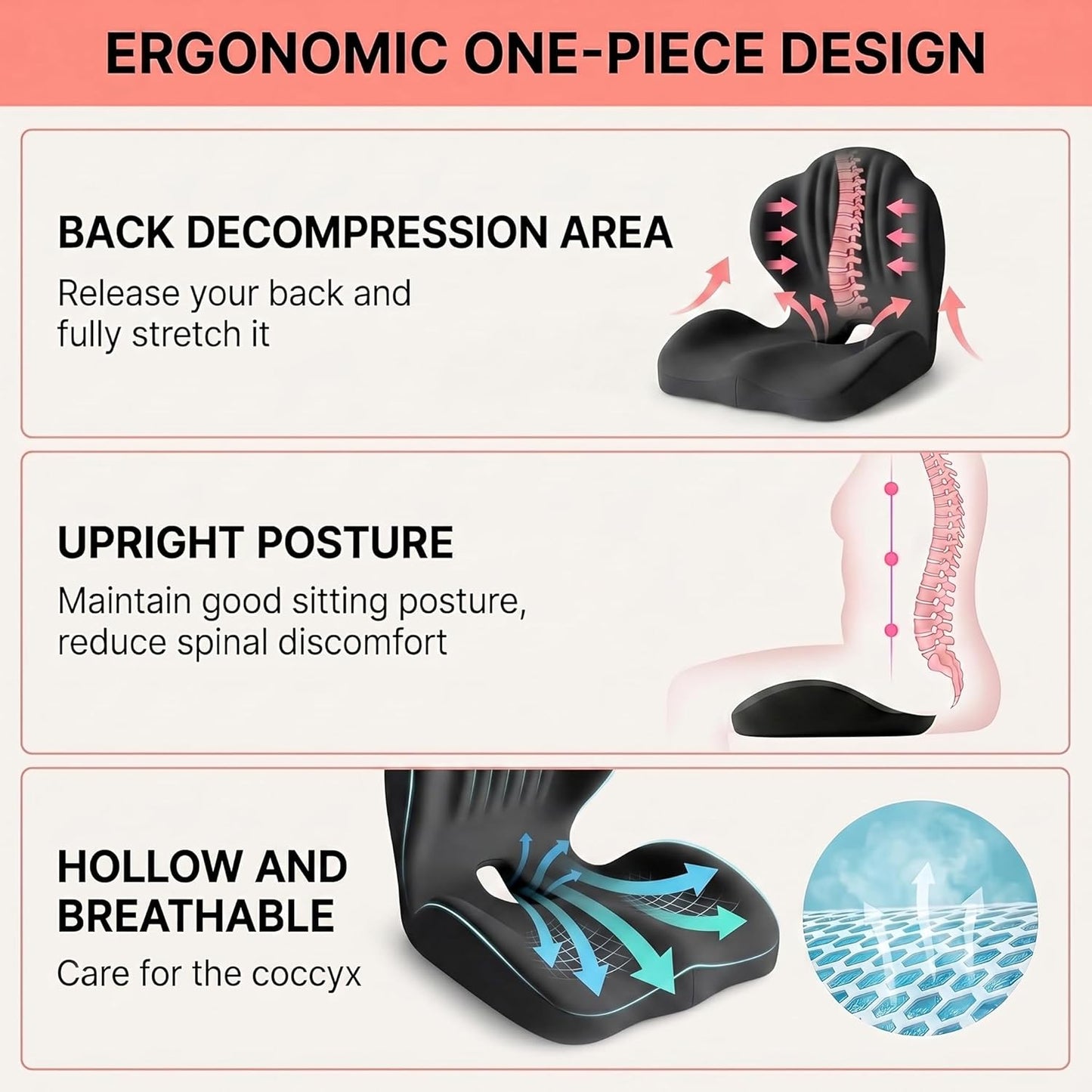 Ergonomic Waist Support and Seat Cushion, 2-in-1 Memory Foam Pad, Hollow Design for Coccyx, Suitable for Office Chairs, Car Safety Seats and Household Use - Relieves Lower Back and Hip Pain (Black)