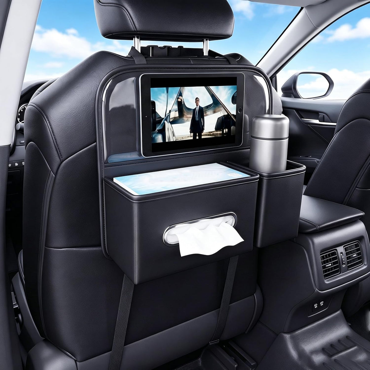 4 in 1 PU leather Backseat Car Organizer with Car Tissue Cup Tablet Holder