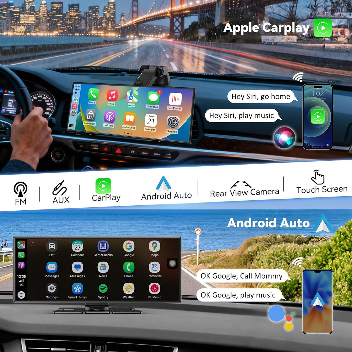 11.5" Extra Large Wireless Apple CarPlay Screen for Car, 4K Portable Car Play Screen & Android Auto HD Touch Screen, Dash Cam Front and Rear, App Control, Mirror Link, Voice Control