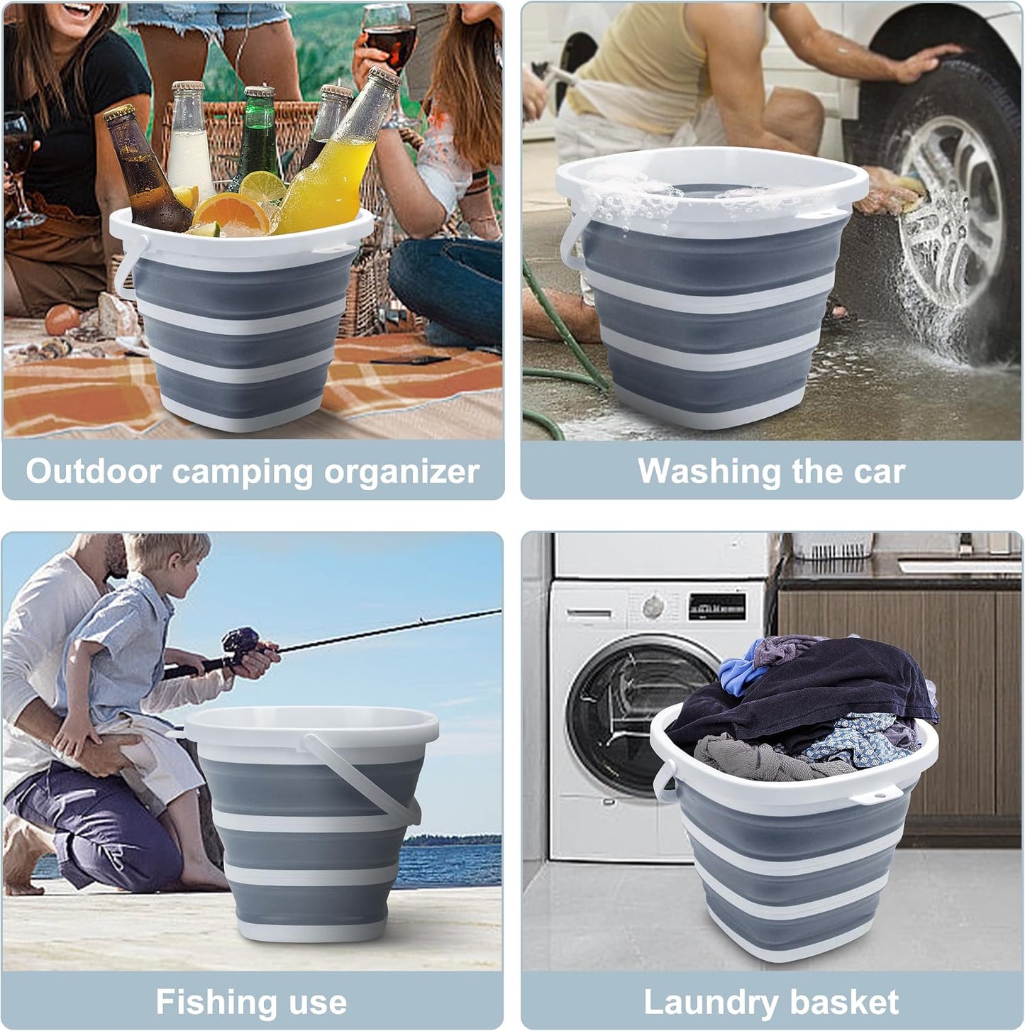Goderewild Collapsible Bucket, 2.6 Gallon (10L) - Square Foldable Mop Bucket for House Cleaning, Car Washing, Camping - Portable Water Pail for Outdoor, RV, Travel (Grey)