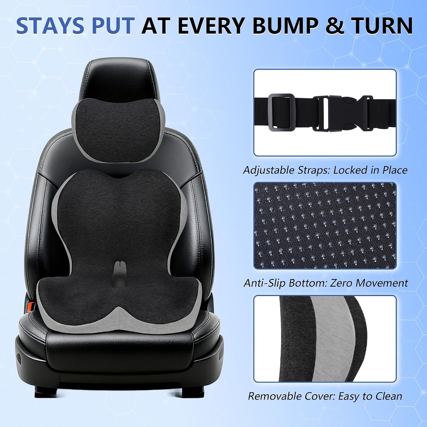 Truck Driver Seat Cushion Set - Memory Foam for Lower Back & Sciatica Pain Relief - Ergonomic Headrest Neck Pillow for Semi Truck & Car Dark Gray