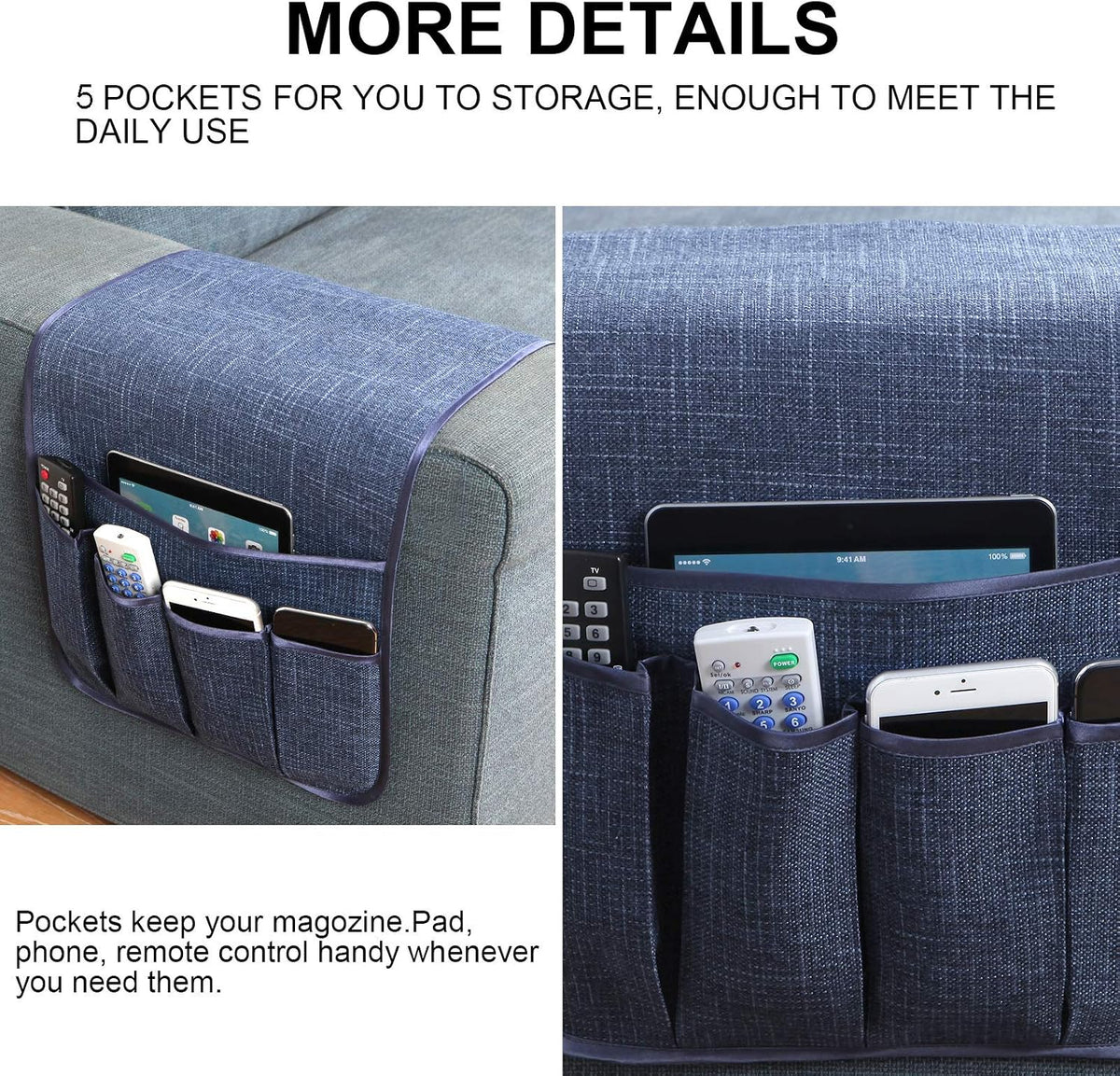Sofa Armrest Organizer Non-Slip Remote Control Holders for Recliner Couch Chair Armchair Caddy with 5 Pockets for Table,Cell Phone,Ipad,Magazines,Books (Navyblue, 13 x 35 Inch)