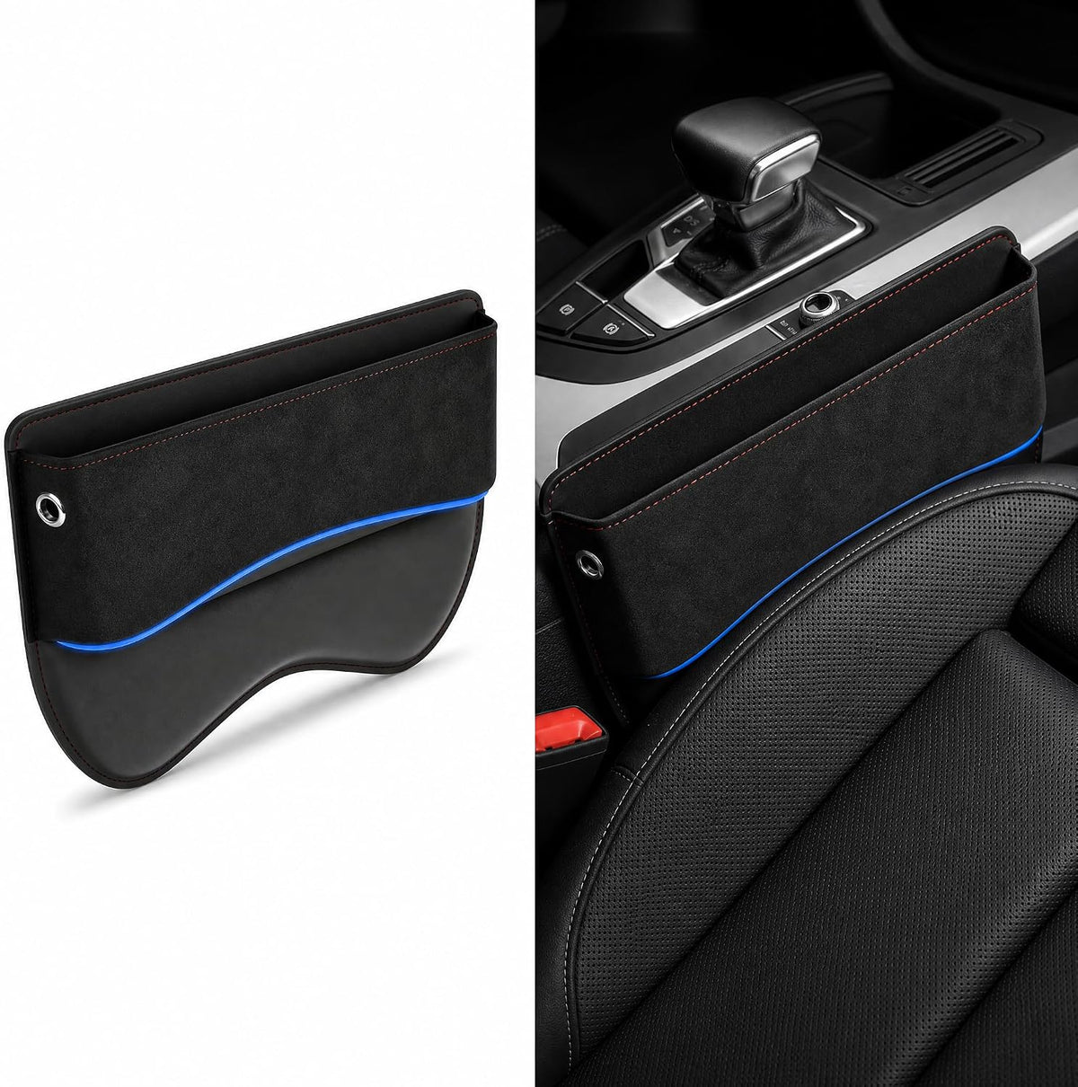 1 PC Car Seat Gap Filler Organizer, Leather Storage Box with Cable Port, Anti-drop Multi-functional Console Cushion, Universal for Most Cars, Trucks, SUVs (Black)