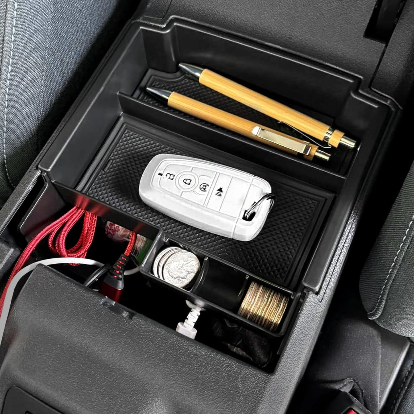 Mabett Double-Layer Console Organizer for 2025 2026 Bronco 4-door, Armrest Storage Box with Non-Slip Mat (Not for Manual Transmission and Bronco Sport Models)