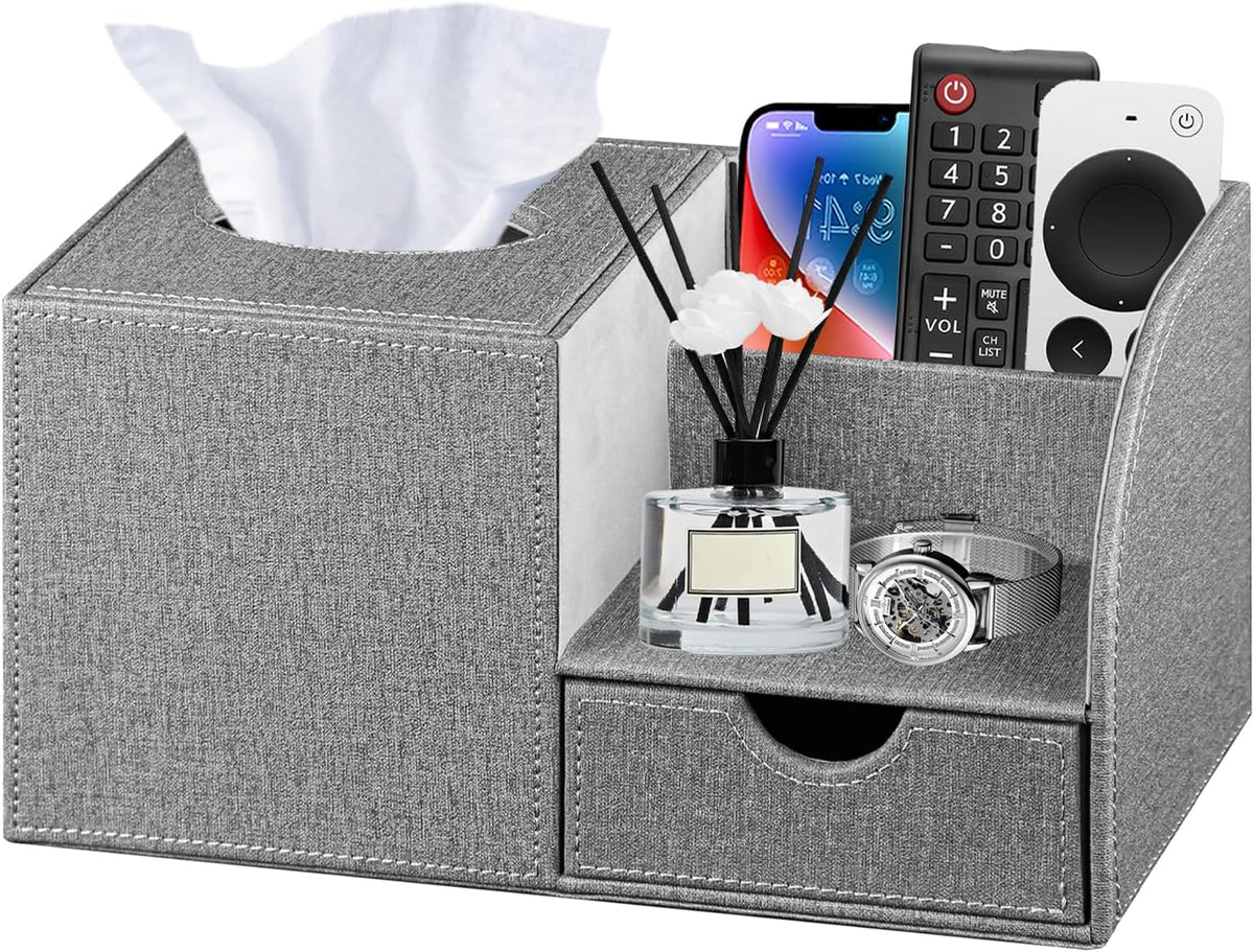 Nightstand Organizer with Tissue Holder,PU Leather Square Tissue Box Cover