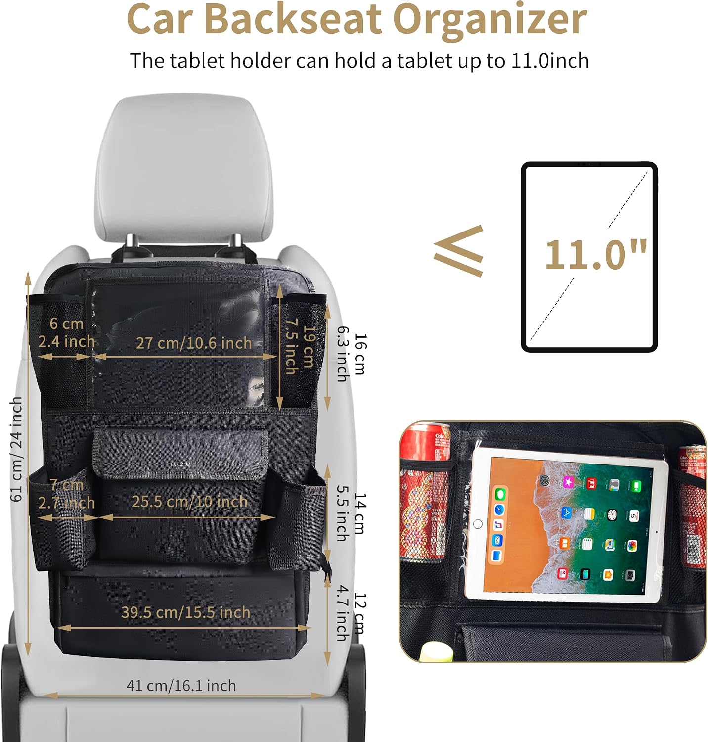 LUCMO Car Backseat Organizer with Touch Screen Tablet Holder, Black | 9 Storage Pockets,Clear Tablet Holder,Protectors Kick Mats,Travel Accessories,Seat Cover,Road Trip Essentials