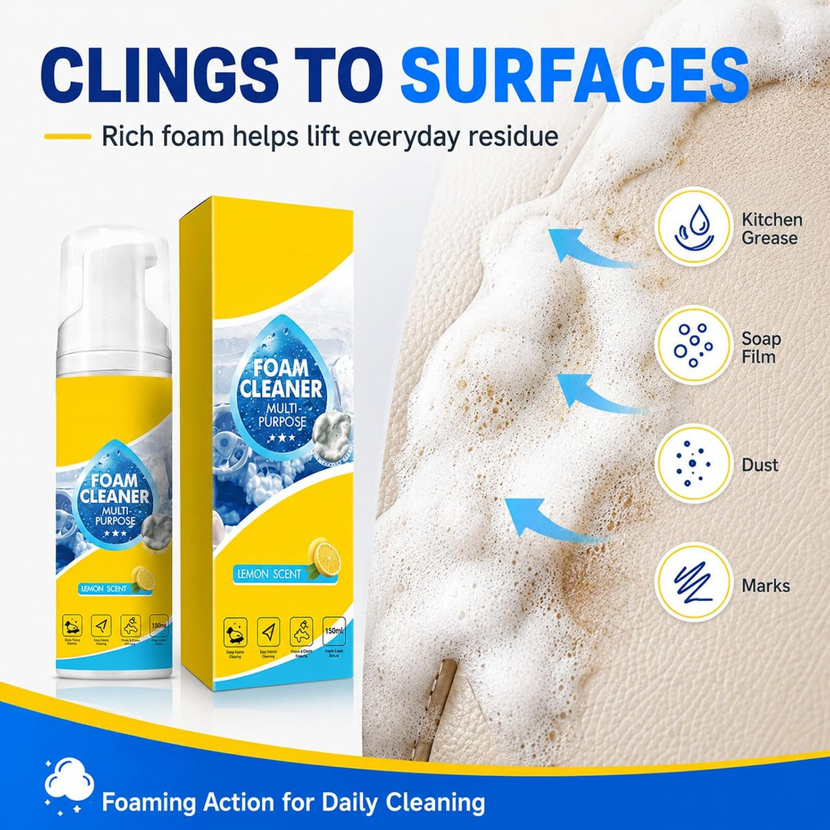 4-in-1 Multi-Enzyme Foam Cleaner 5oz, All Purpose Cleaning Spray and Multi Purpose Foam Cleaner for Kitchen Grease Care, Bathroom Tiles, Car Interior, Sofa Upholstery, Carpet (3PCS)