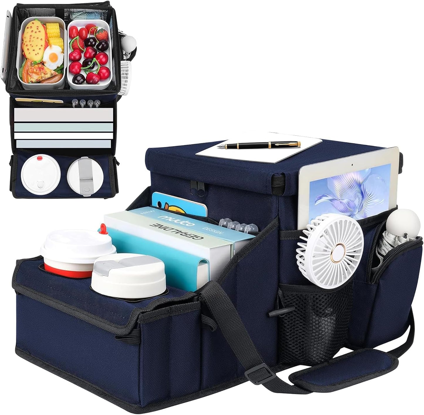 Car Front/Back Seat Organizer with Cup Holder, Movable Divider & Side Pockets, Insulated Compartment for Hot/Cold; Holds Bottles Firmly in Place, Non-slip, Easy-clean, Foldable with Strap