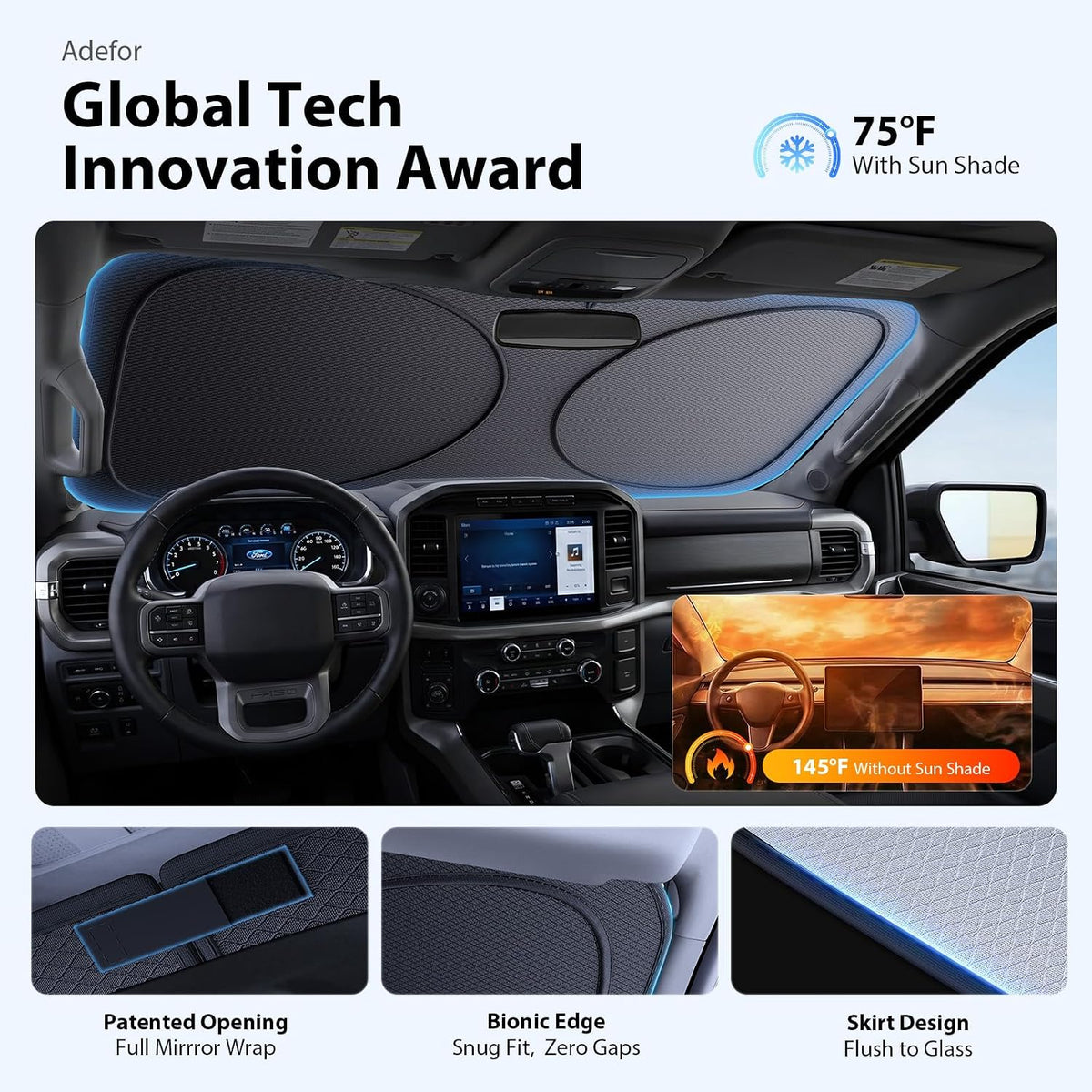 2026 Upgraded Windshield Sun Shade for Ford F-150 [Precision Custom Fit, Superior UV & Heat Block] Cooling Tech Fabric, Durable Foldable with Storage Bag, Fits 2000-2026
