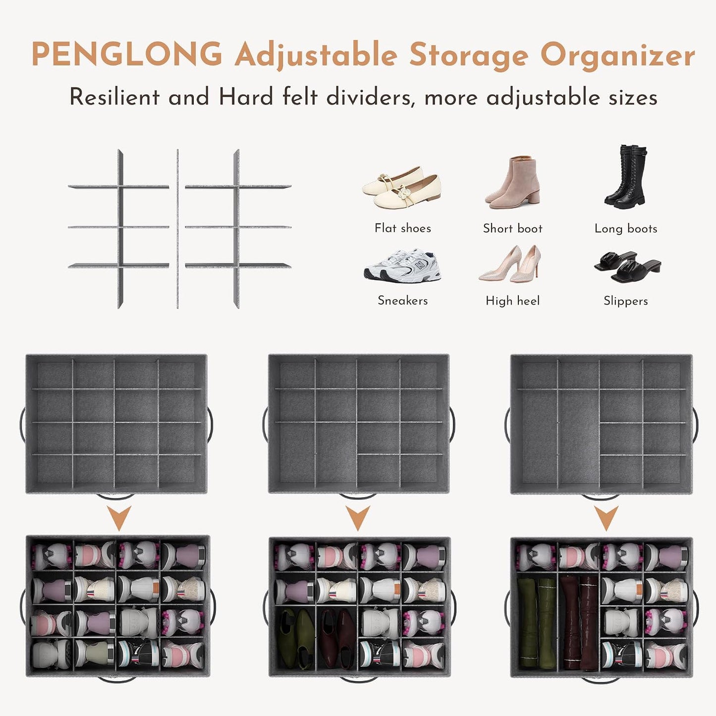 Adjustable Storage Bins for Closet, Wardrobe Clothes Organizer, Shoe Bin, Shoe Organizer, Toys, Closet Storage Solution with Clear Window (Felt Grey 32Pairs, 32Pairs)